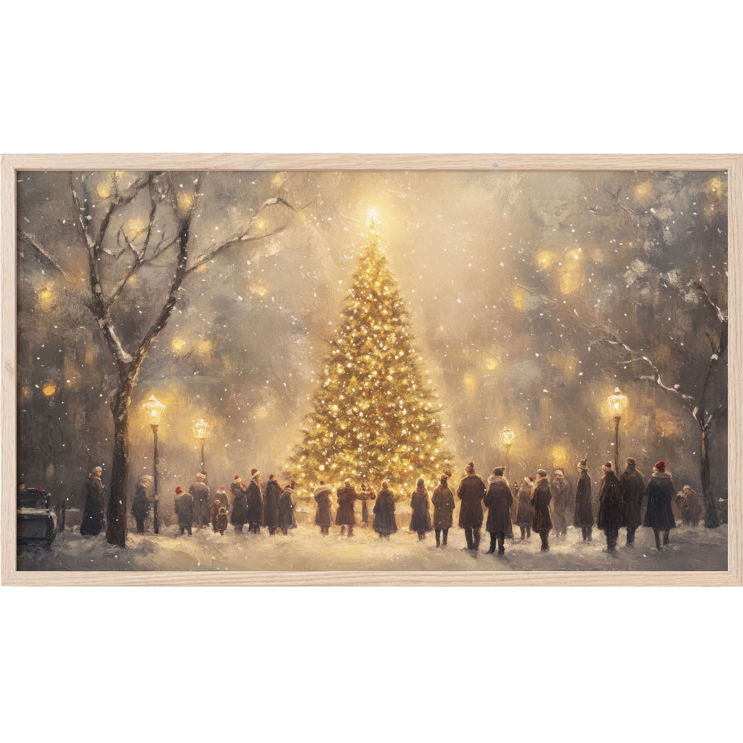 Elegant winter scene of warmly lit Christmas tree and gathering in muted tones, perfect Christmas Frame TV Art