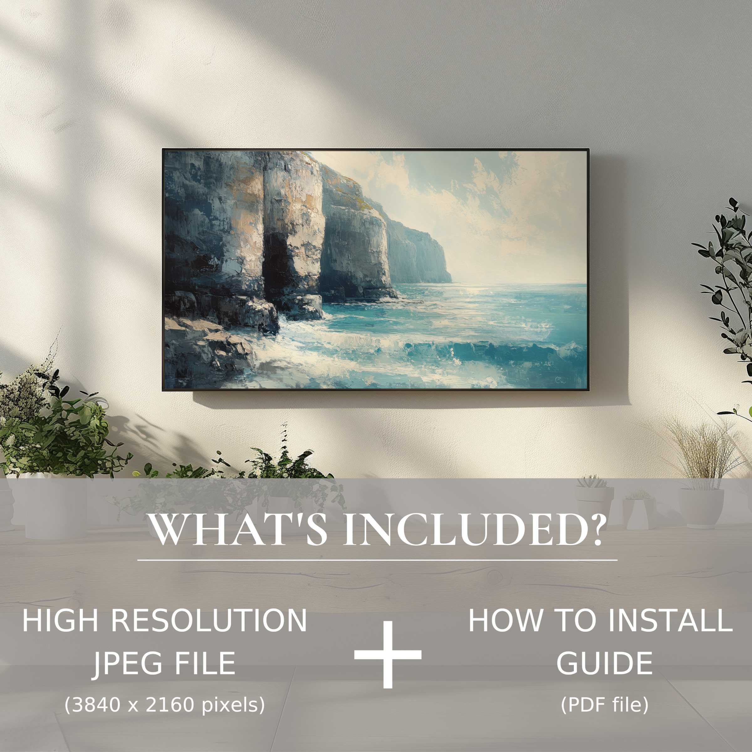 Elegant coastal scene on modern TV; summer digital TV art download offers easy use, enhancing stylish living spaces