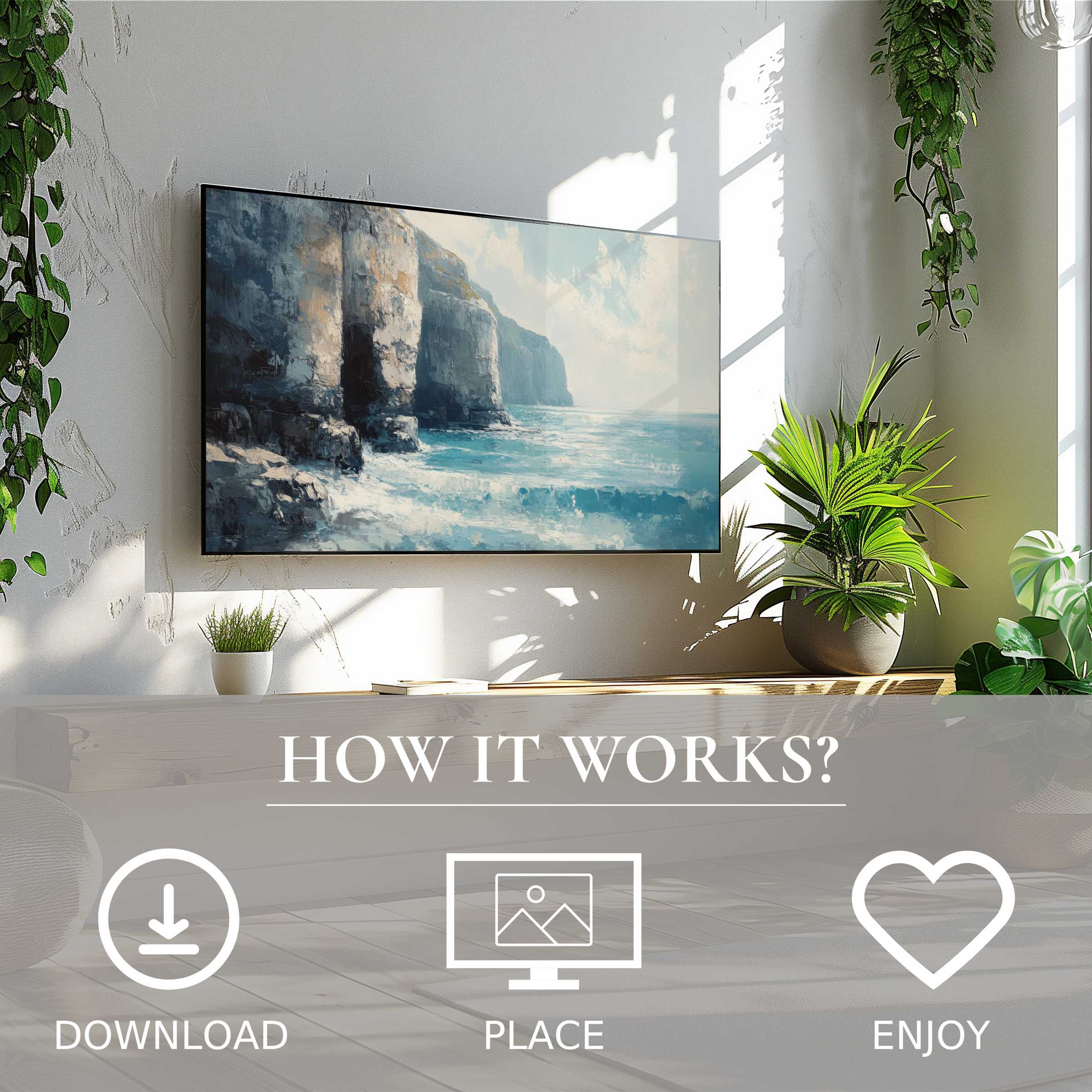 Summer art for Samsung TV: digital download displaying soft ocean cliffs, enriching spaces with ease and style