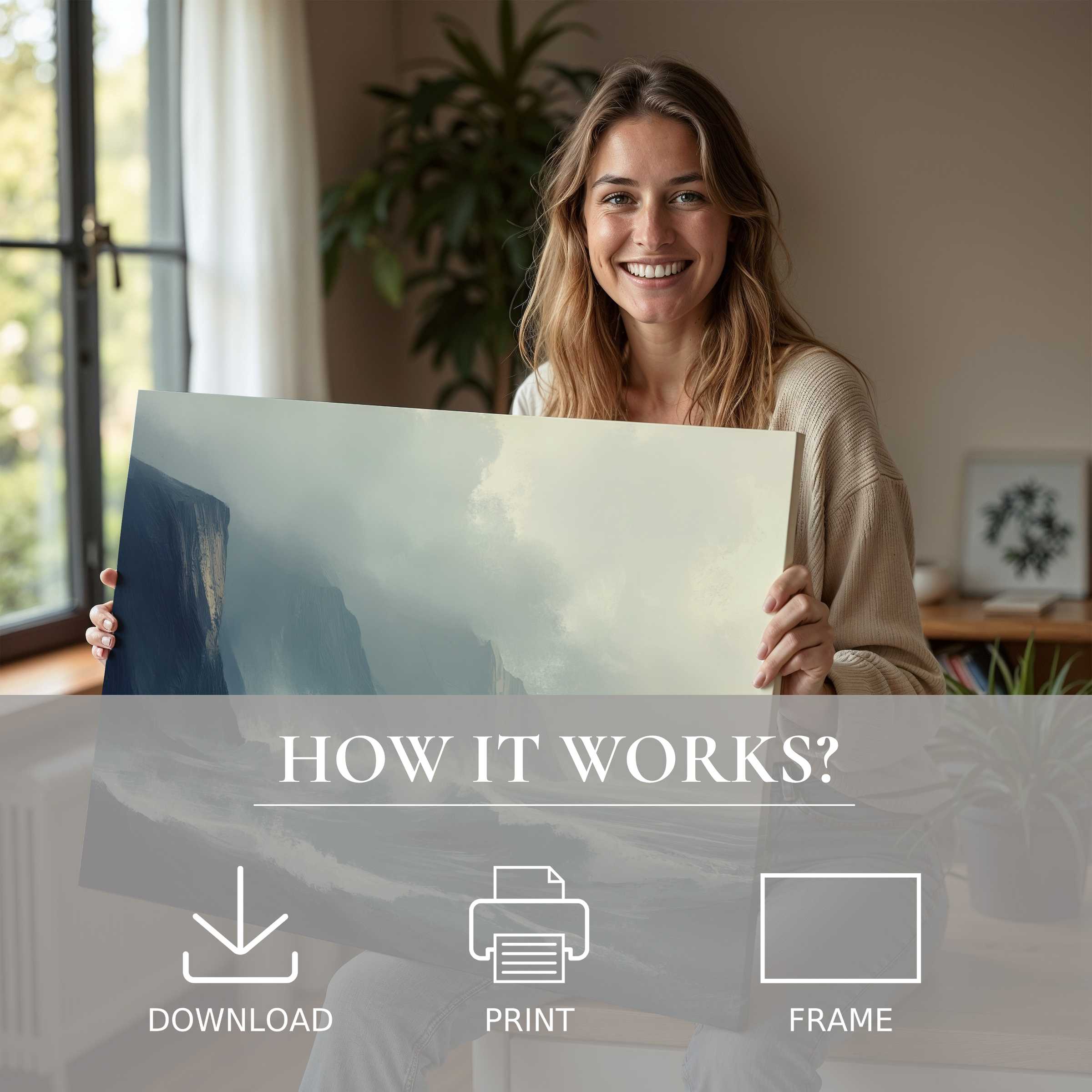 A serene moment in a modern home where a landscape digital art print evokes connection and joy, effortlessly elevating space