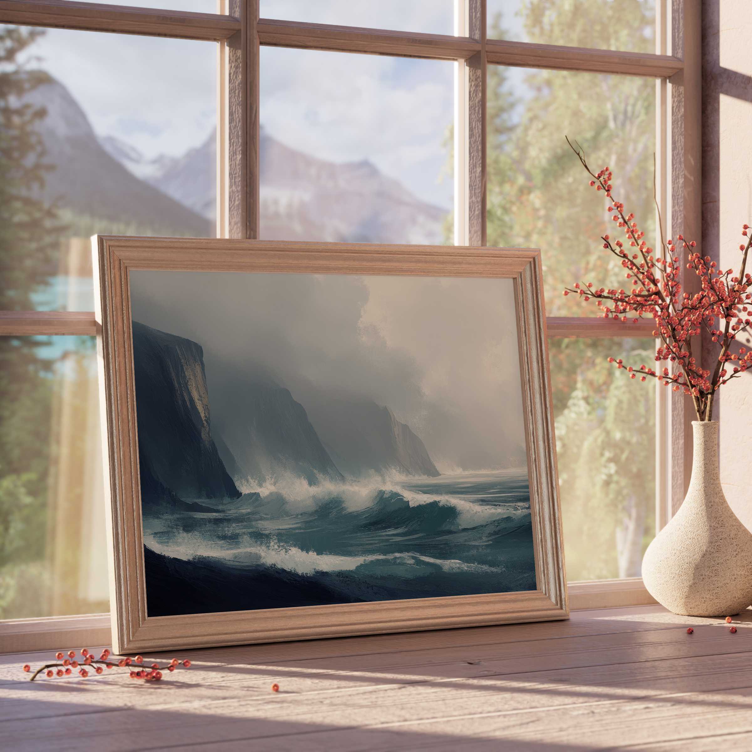 Dramatic landscape downloadable art capturing tempestuous ocean waves against rugged cliffs, perfect for serene, design-forward interiors