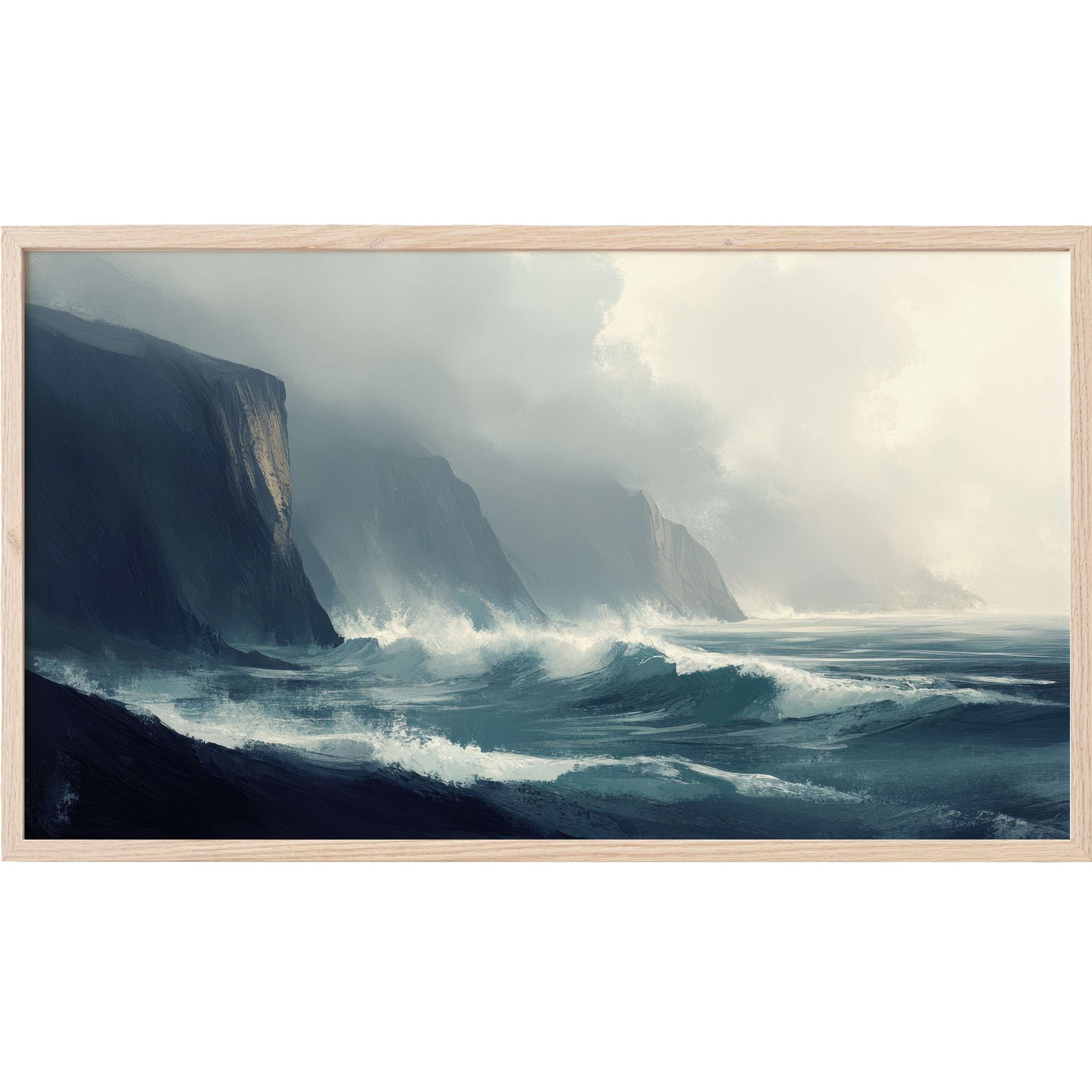 Moody coastal cliffs with crashing waves in muted blues and grays, an elegant landscape Frame TV Art piece