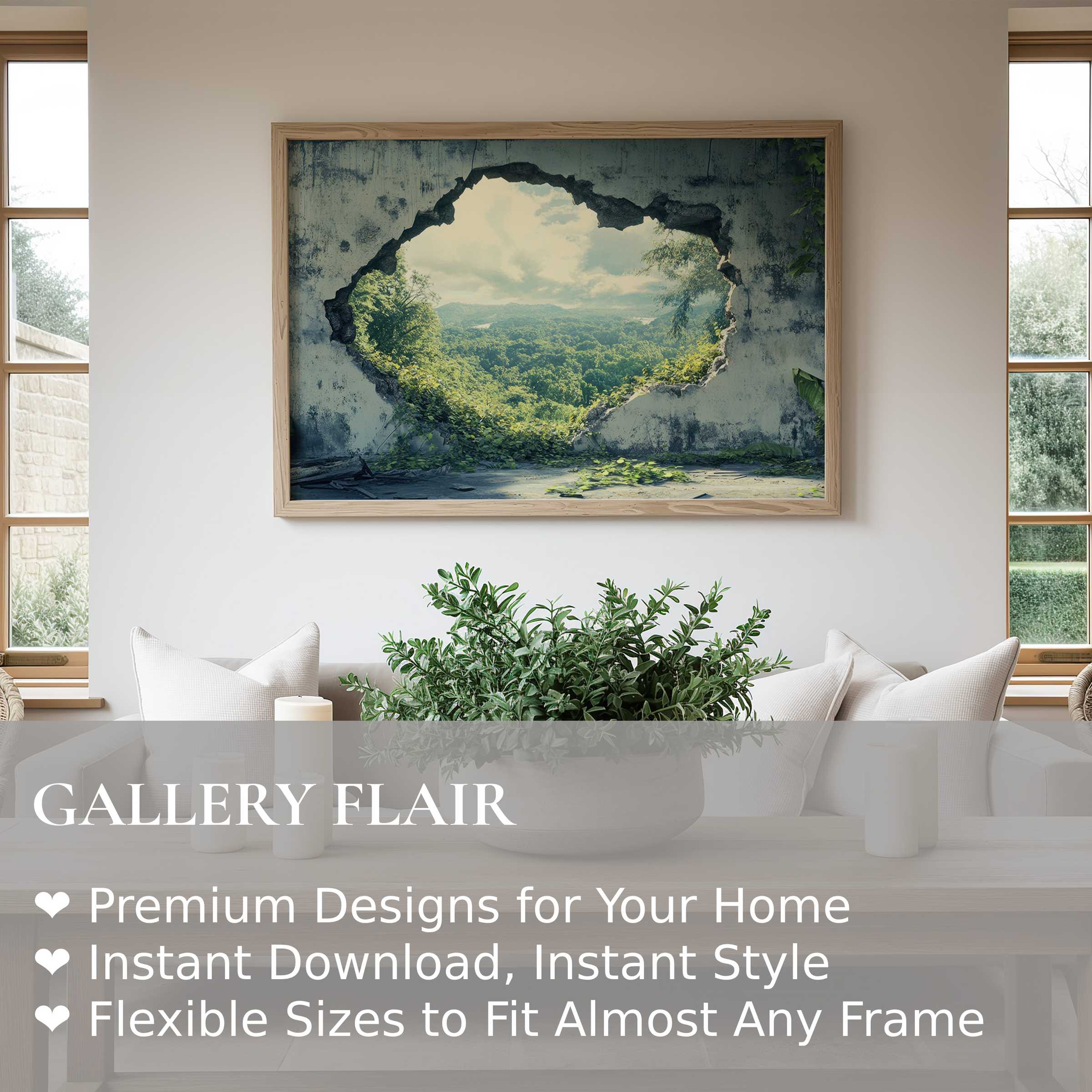 Street art wall art print featuring a bold, immersive rupture revealing lush nature, enhancing modern minimal interiors with vibrant urban elegance
