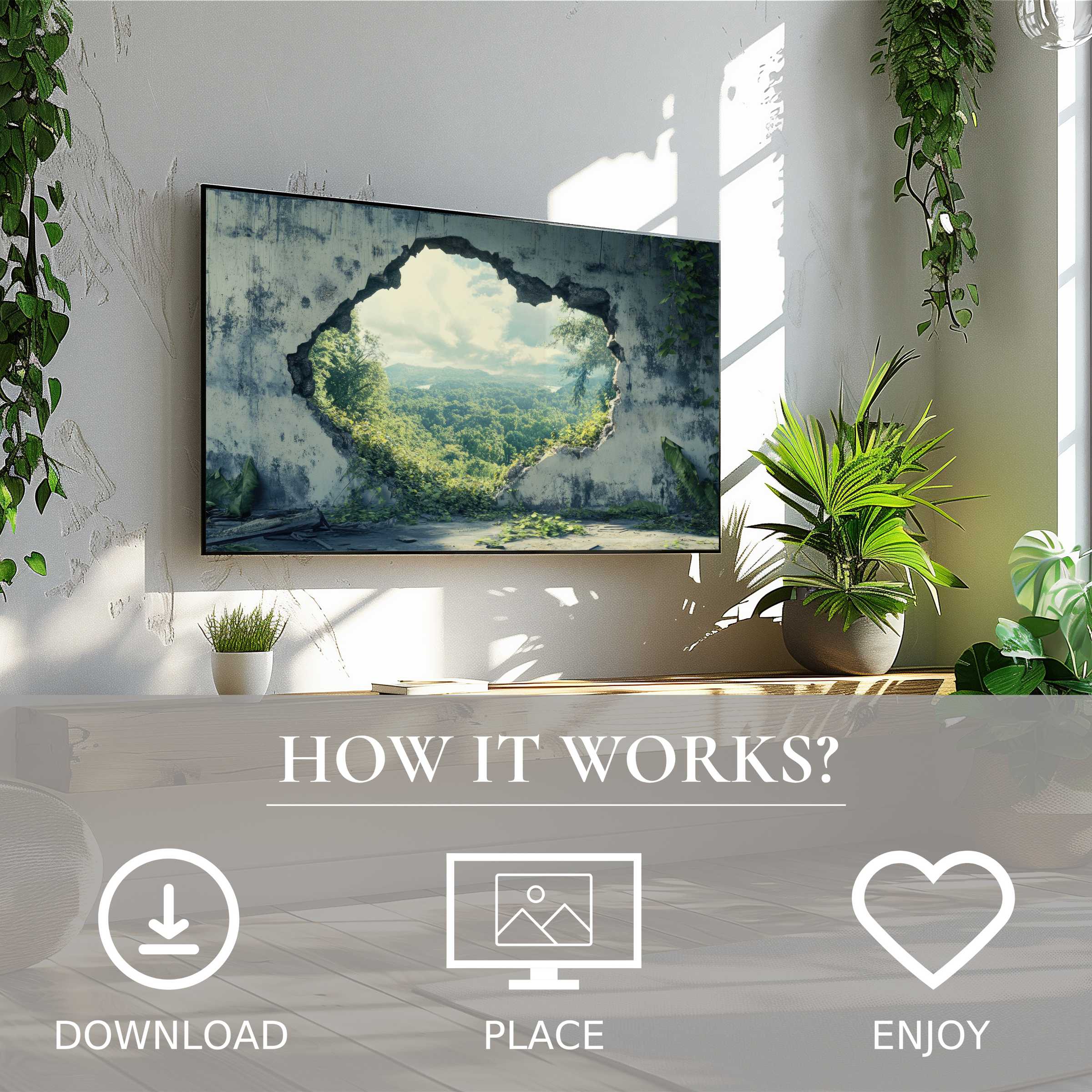 Modern living room with green plants features street art for Samsung TV; digital download shows nature's vivid view