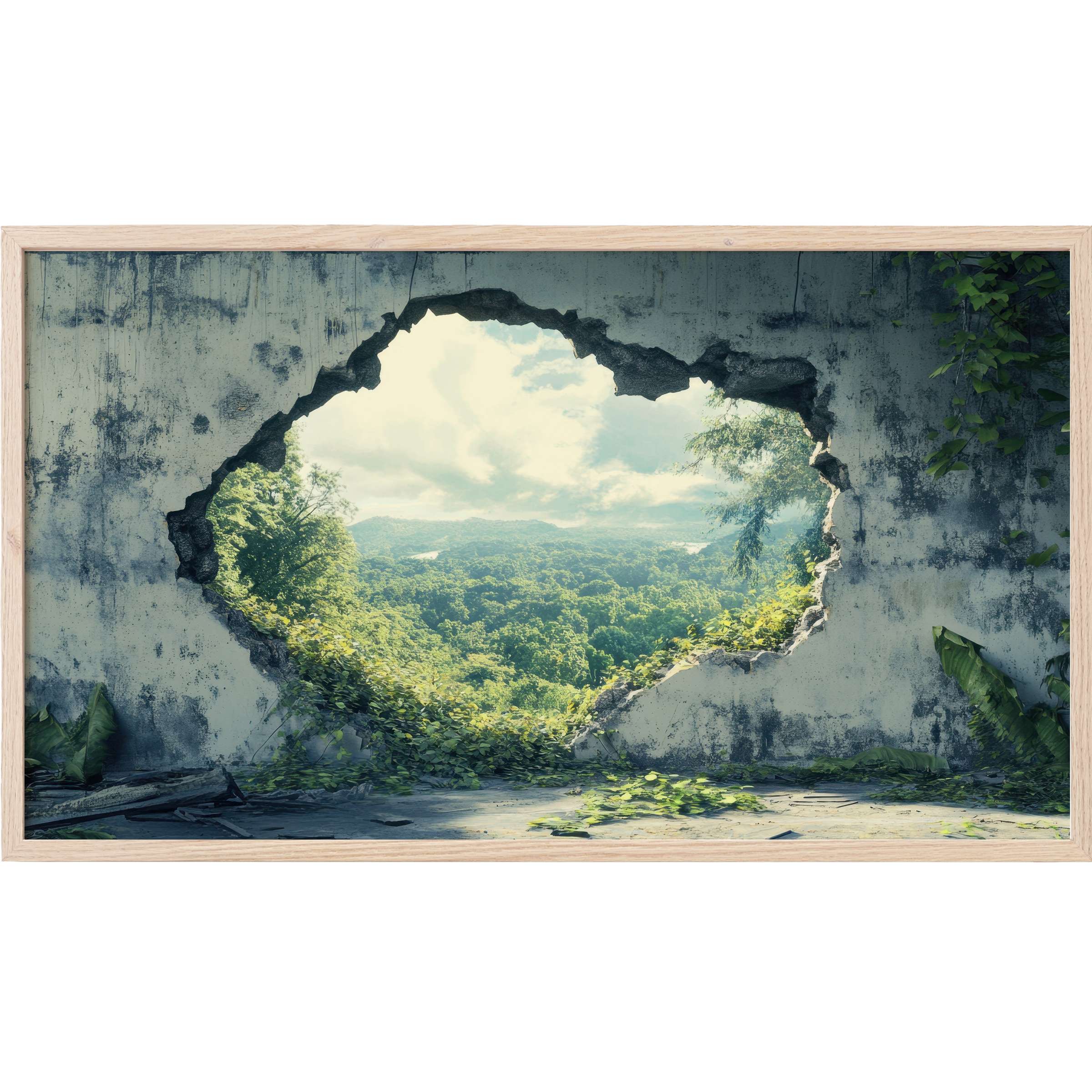 Rustic wall with a broken hole revealing lush greenery beyond, in serene blue-green tones, street art Frame TV Art
