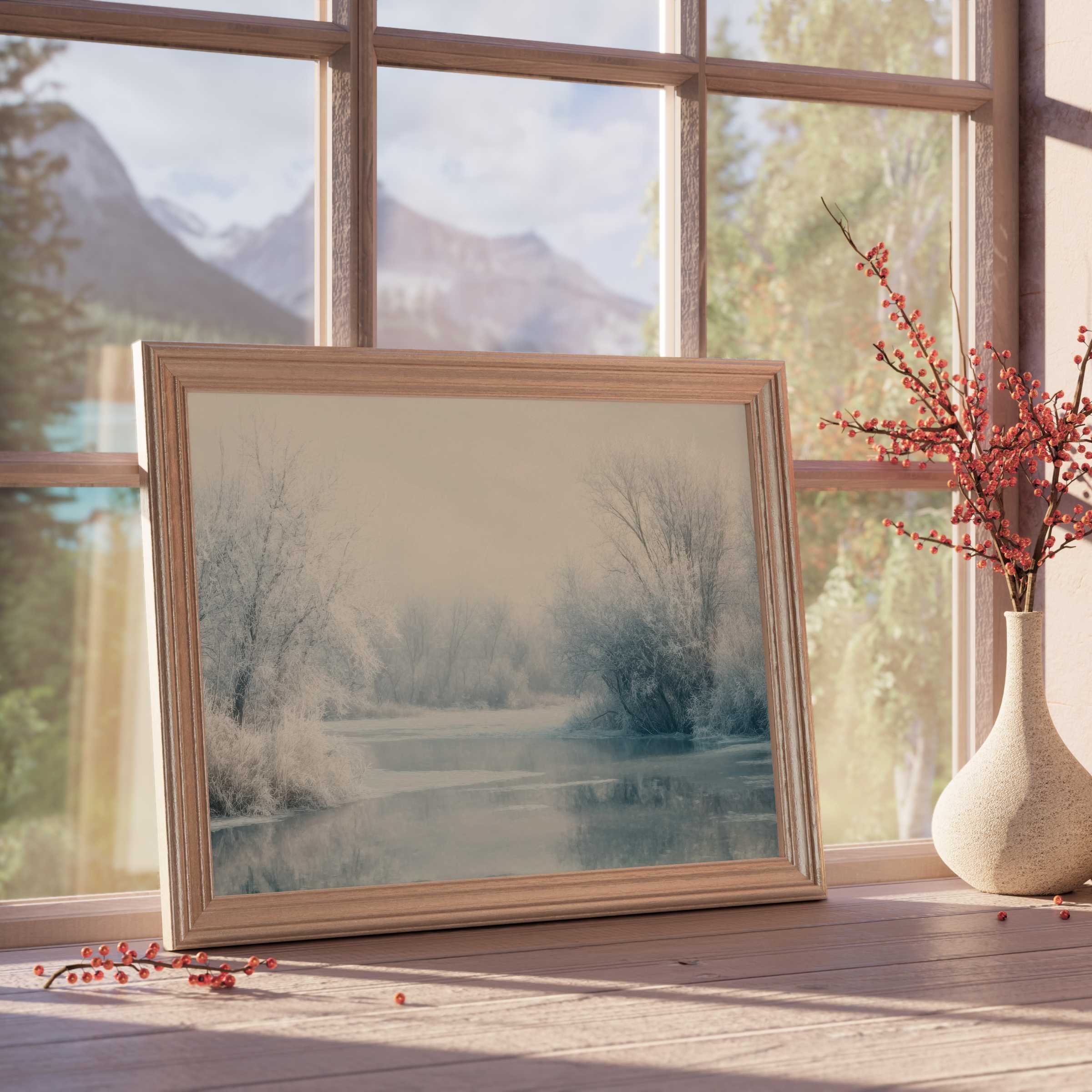 Winter downloadable art featuring serene frost-coated trees and a tranquil river, perfect for elevating chic, calm interiors with soft natural light and curated elegance