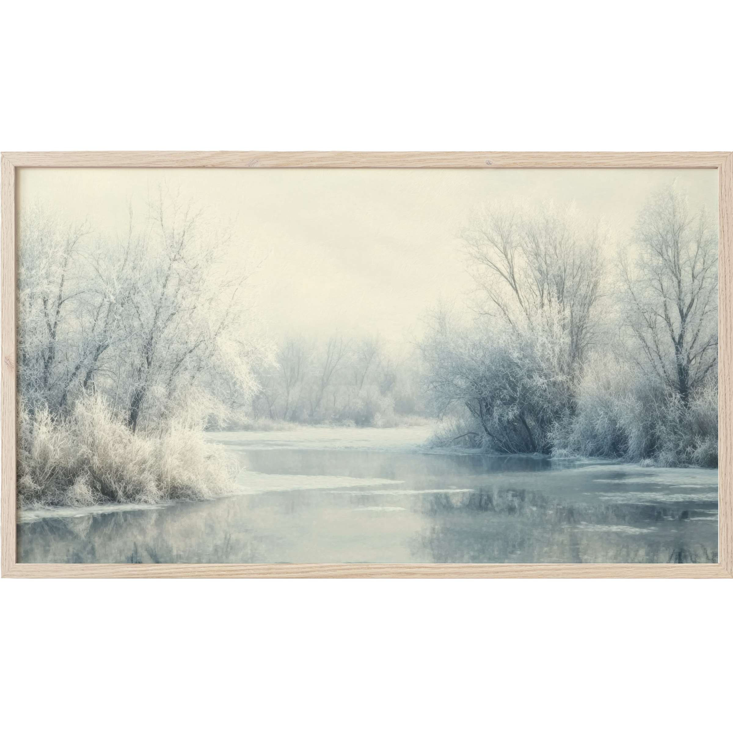 Serene winter landscape in soft greys and icy blues, framed elegantly for modern winter Frame TV Art