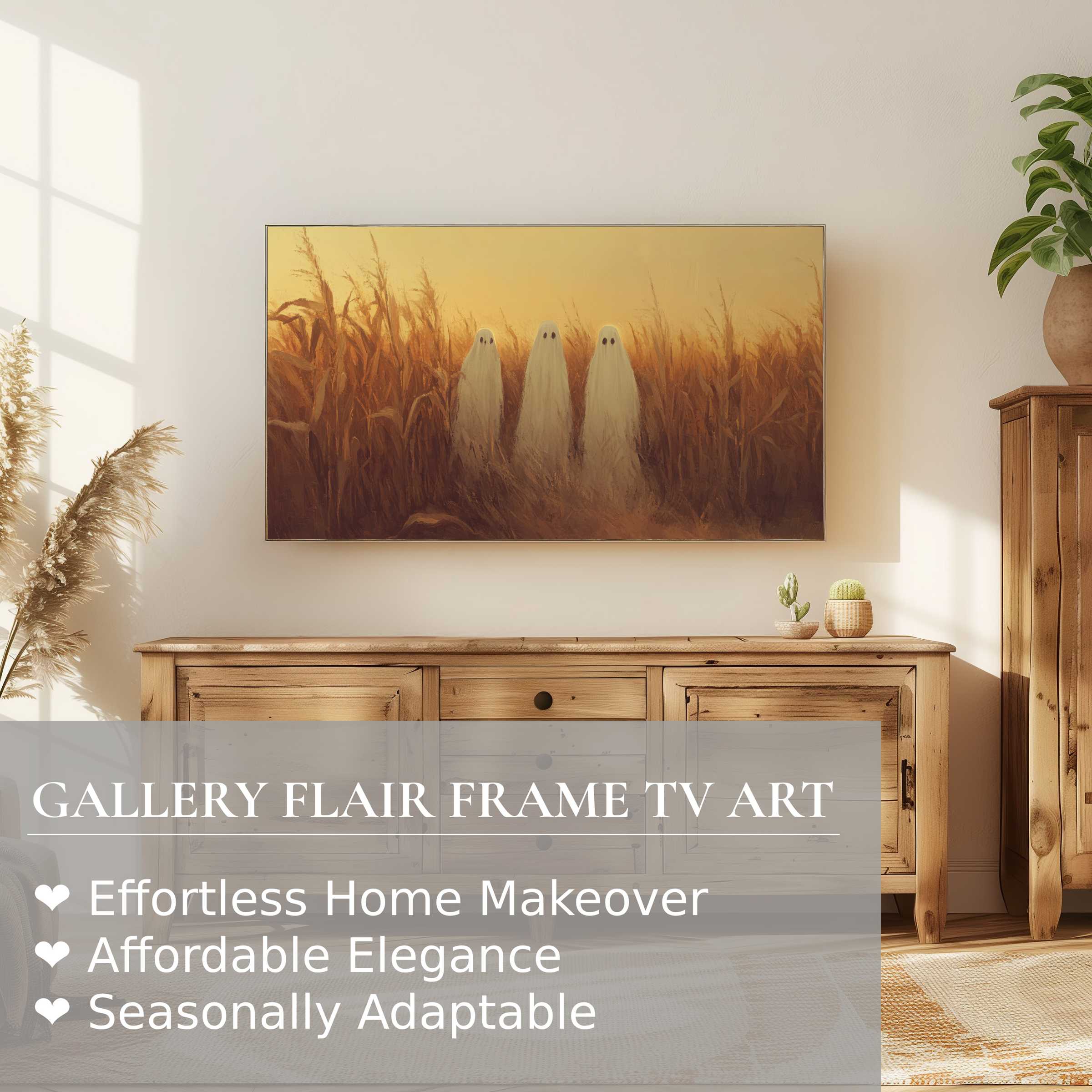 Samsung Frame TV displays elegant halloween digital artwork of ghostly figures in a warm-toned, modern rustic setting