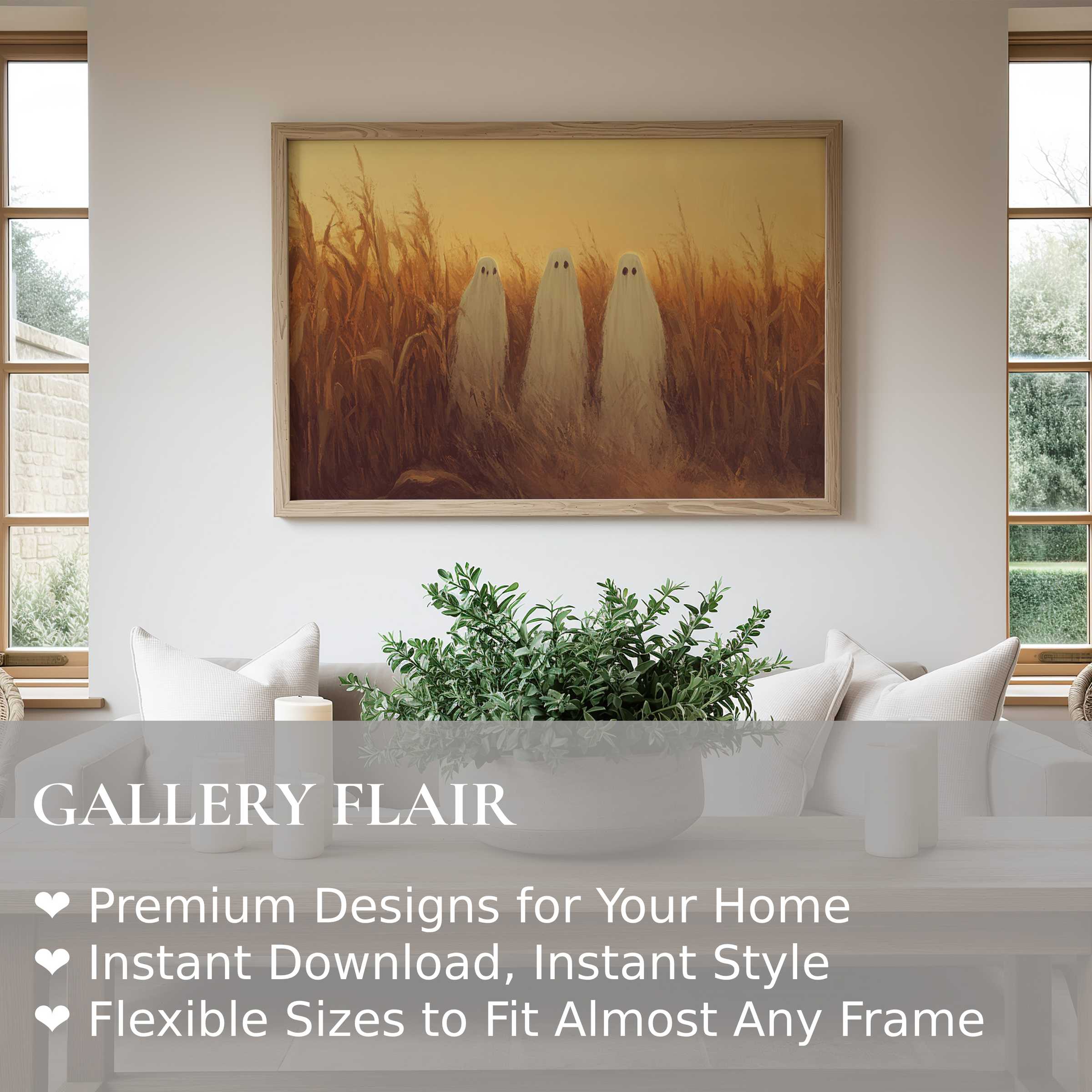 Halloween wall art print featuring three ethereal ghosts in a golden autumn field, adding warm, bold charm to chic modern minimalist interiors