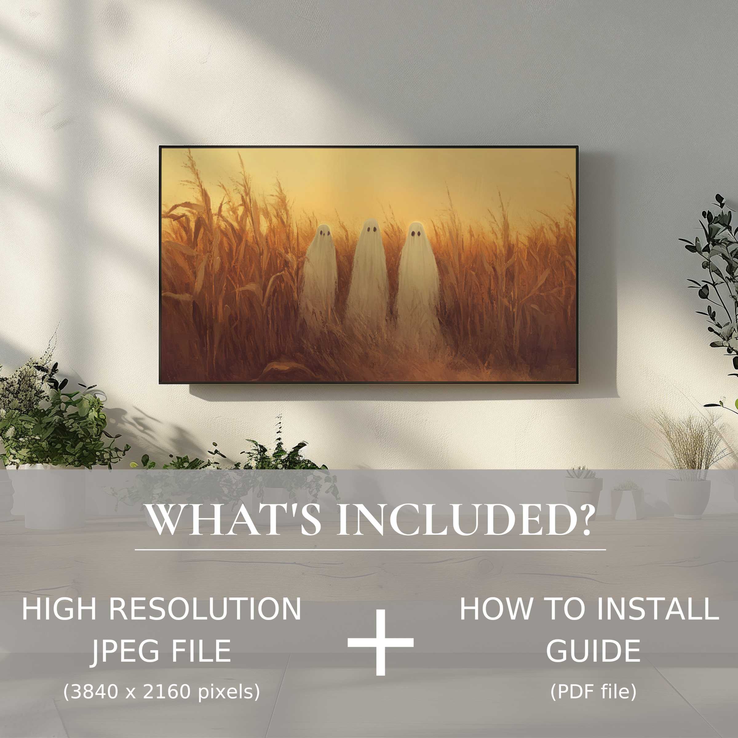 Elegant Halloween digital TV art download with ghosts in cornfield, easy digital use brightens chic living spaces