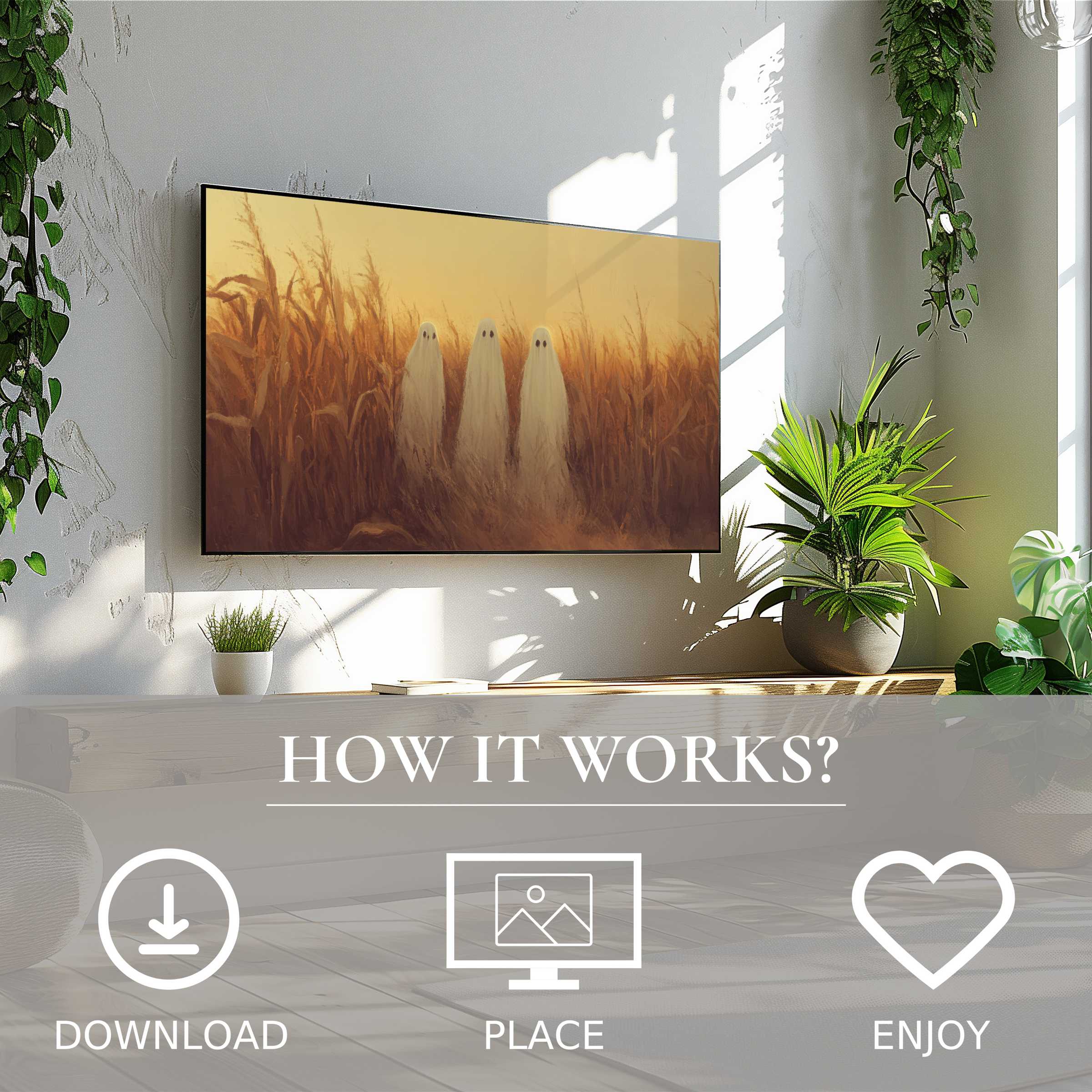 Halloween art for Samsung TV showing soft sunset tones and ghost motif, easy digital download enhances modern living spaces