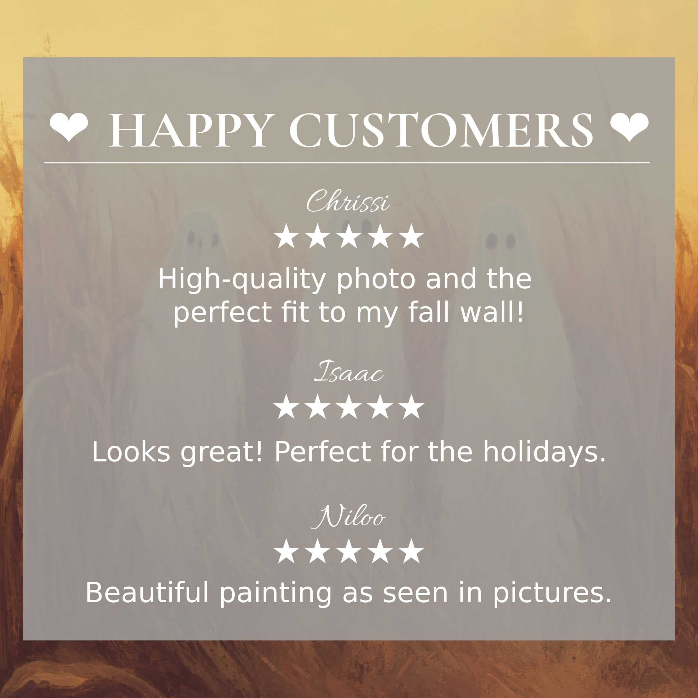 halloween art for Frame TV with abstract sunset hues; layout showcases happy customer reviews, building elegant trust
