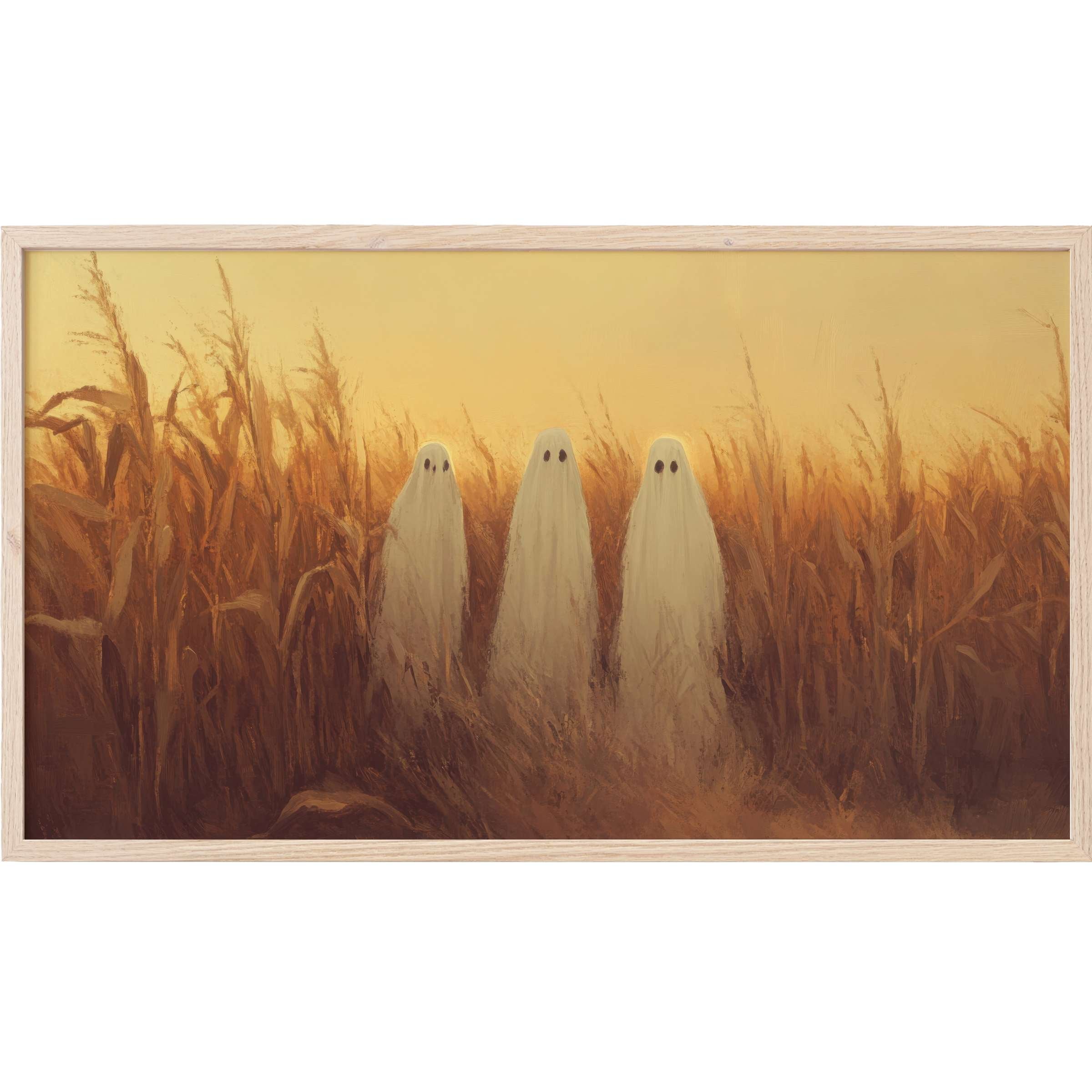 Three ethereal ghosts emerge from golden-brown cornfield at dusk in a minimalist halloween Frame TV Art