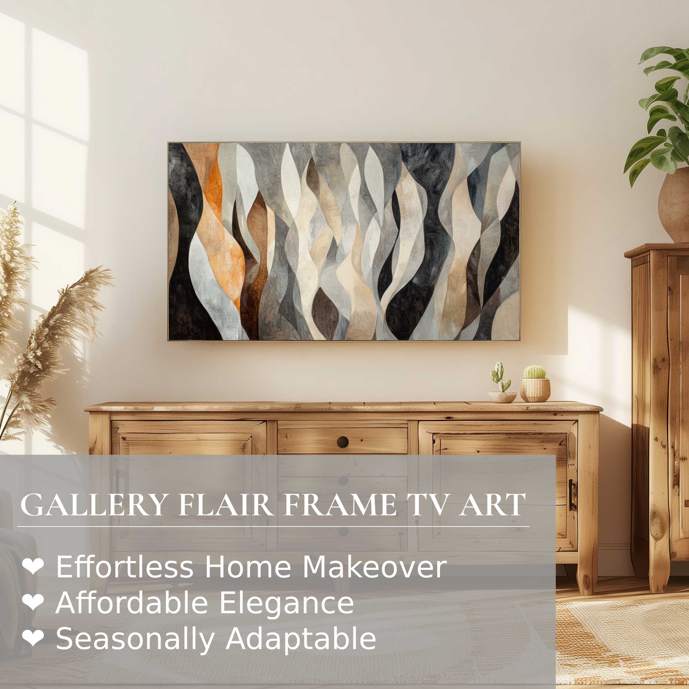 Samsung Frame TV showcasing modern digital artwork in a serene, natural wood setting exuding refined home decor elegance