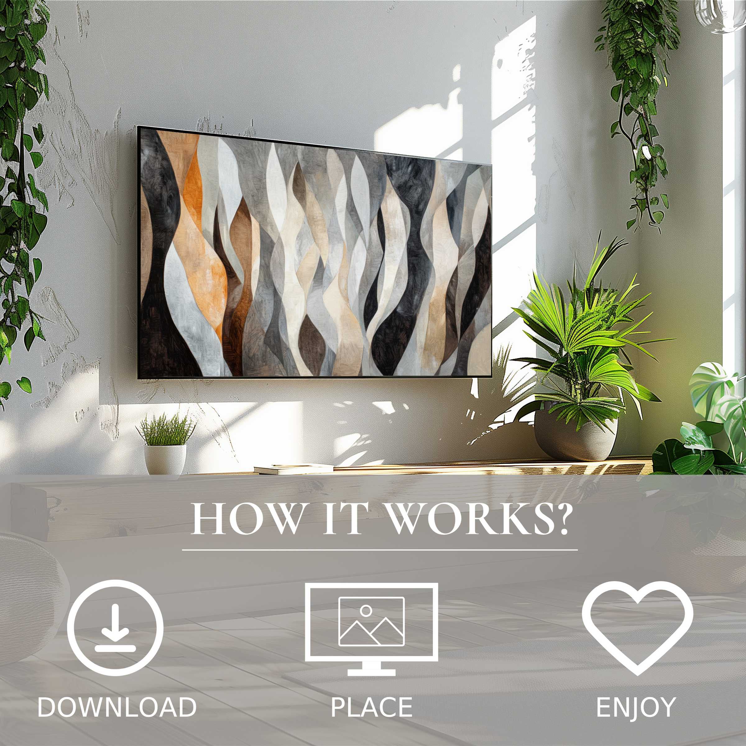 Modern art for Samsung TV with flowing earthy tones, easy digital download enriches any stylish living space