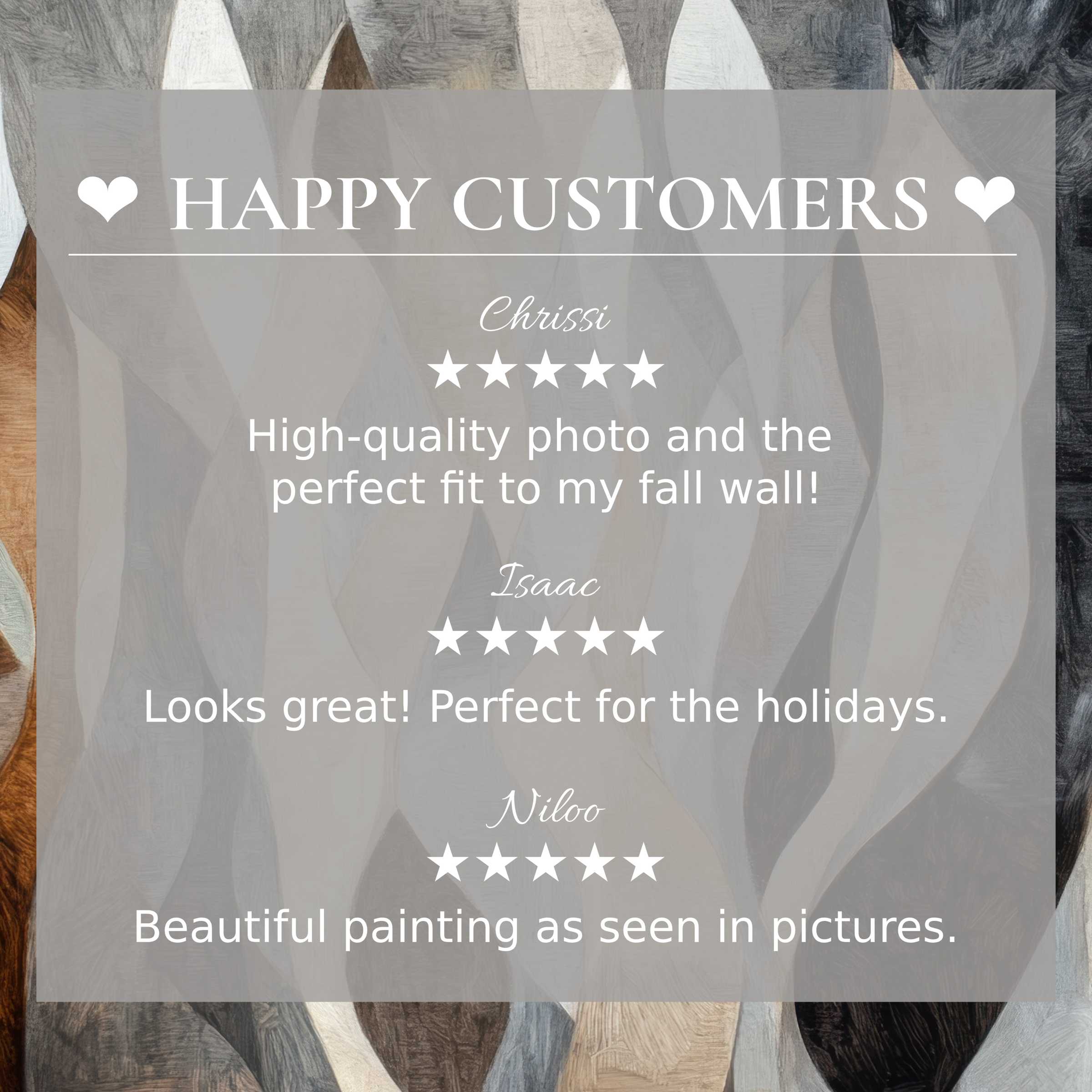 Modern art for Frame TV with abstract neutral tones background, showcasing happy customer reviews and elegant style