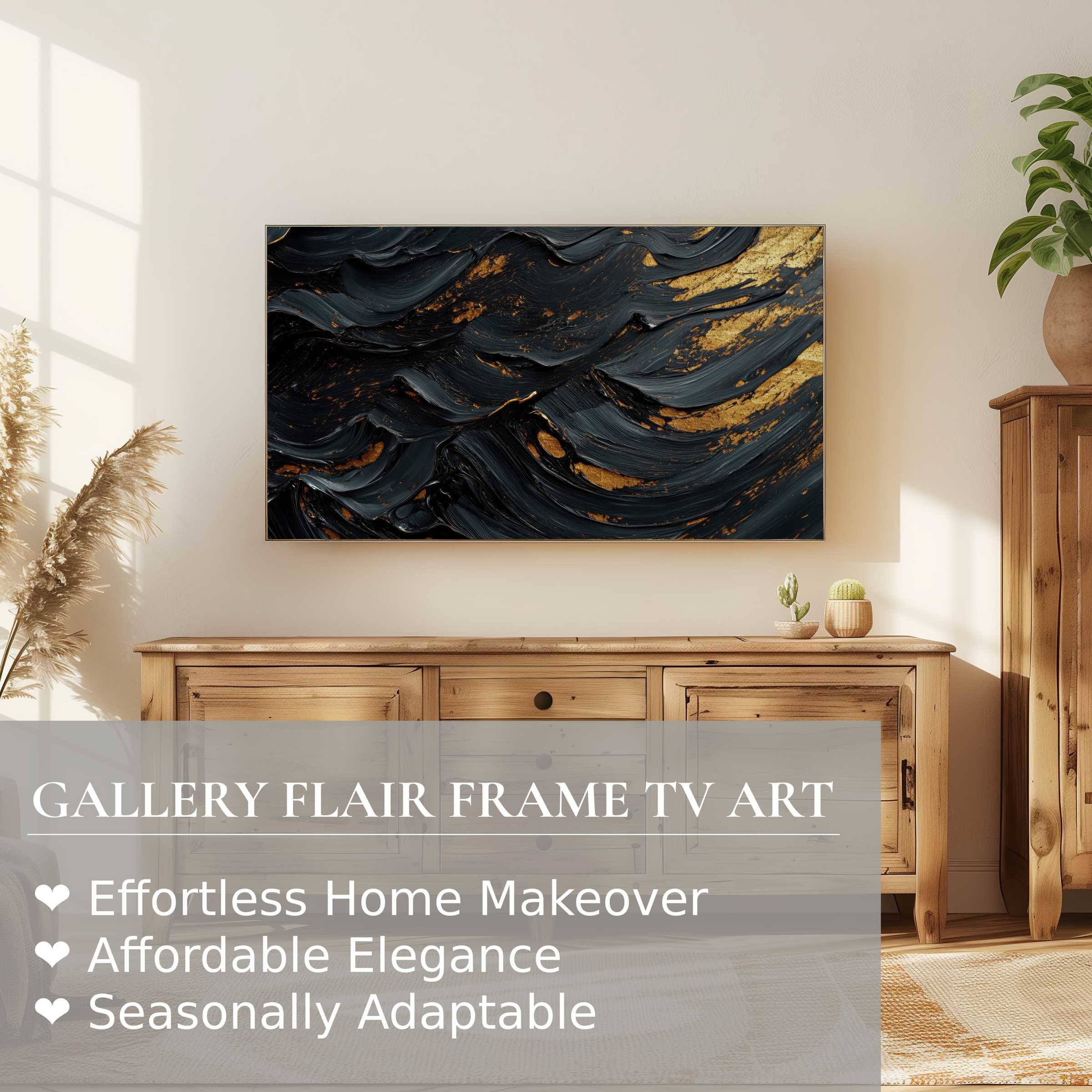 Samsung Frame TV displaying elegant abstract digital artwork in black and gold within a warm, modern living room