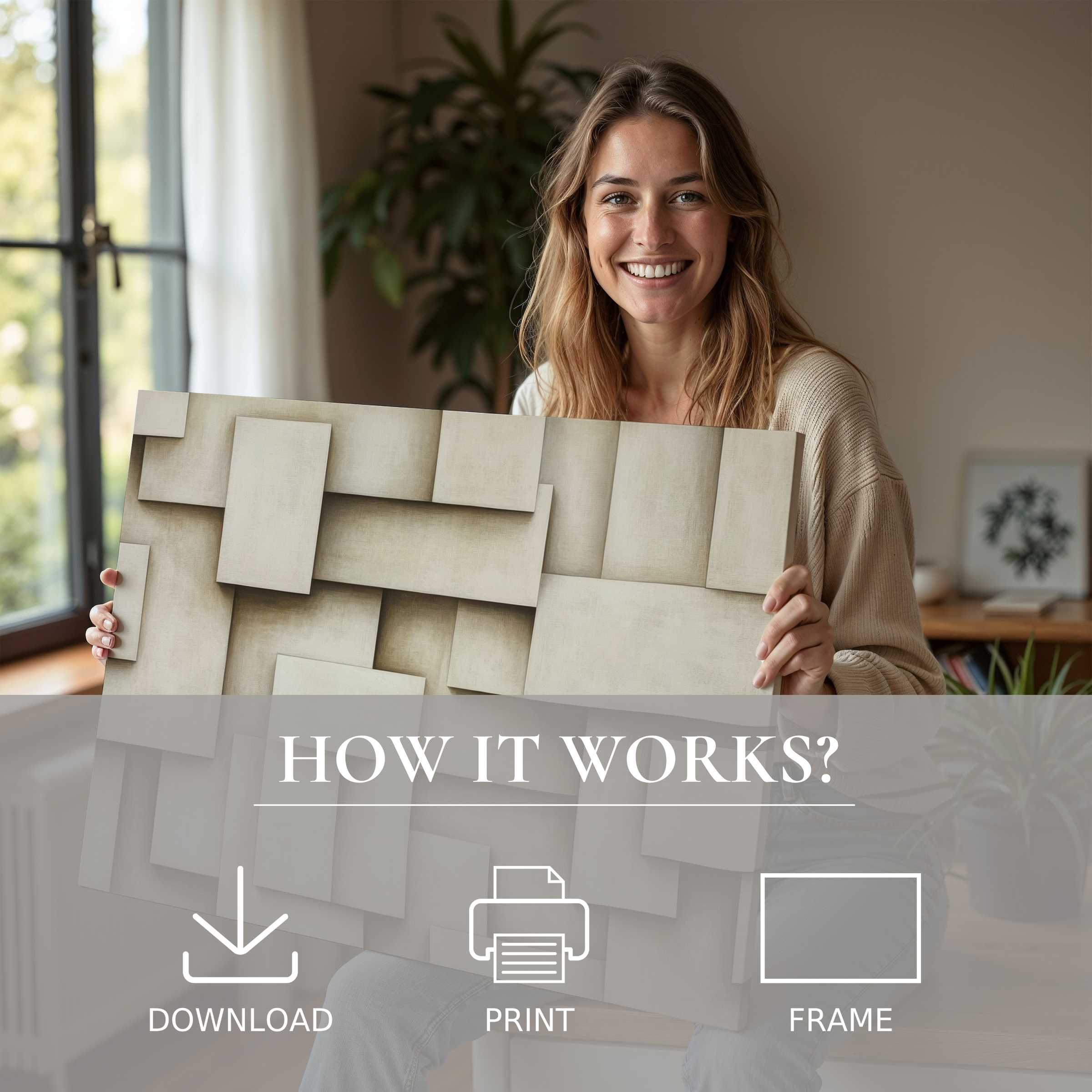 Woman in a sunlit modern home holds a serene neutral digital art print, embodying the joy of effortless art living