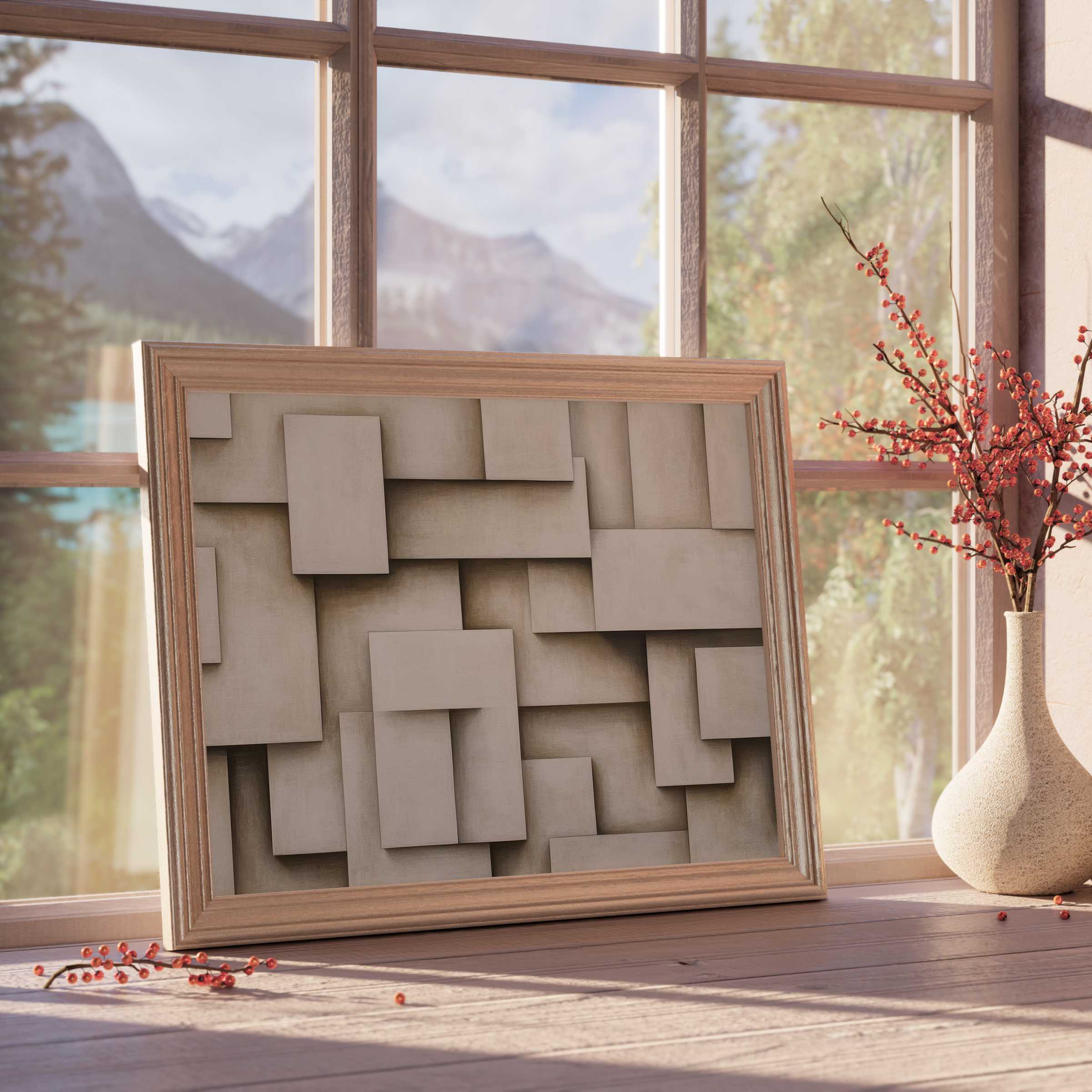 Neutral downloadable art featuring layered geometric shapes in warm taupe tones, elevating serene, curated interiors with modern minimalism