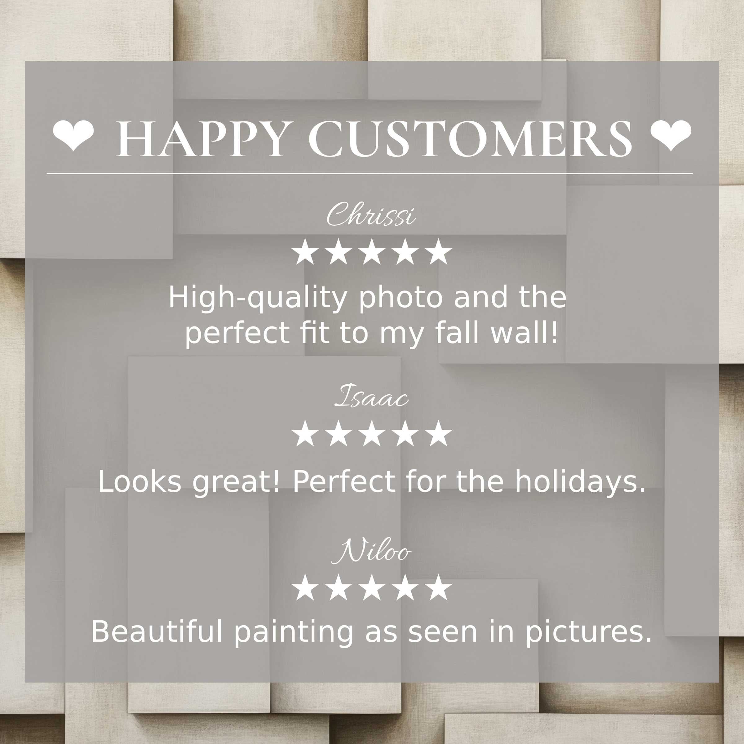 Neutral art for Frame TV with abstract beige tones, showcasing happy customer reviews and elegant trust-building layout