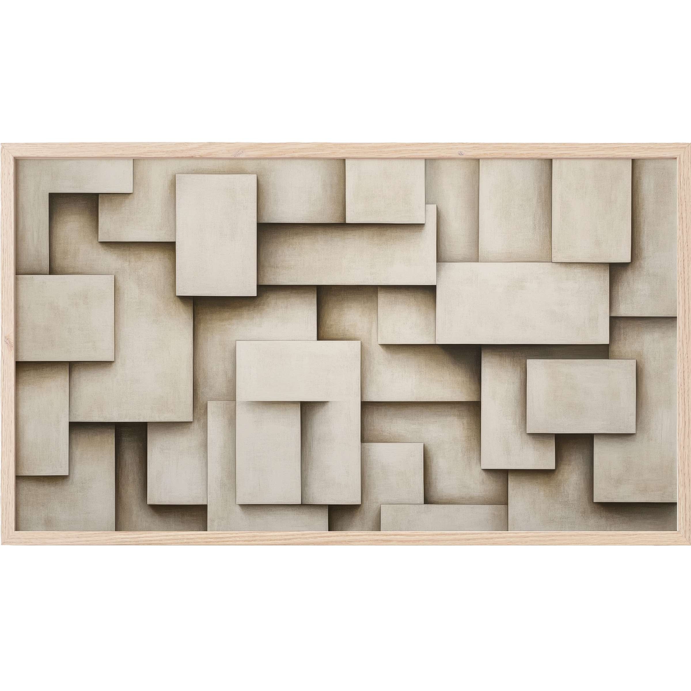 Neutral Frame TV Art with layered beige and taupe geometric blocks, exuding elegant modern minimalism