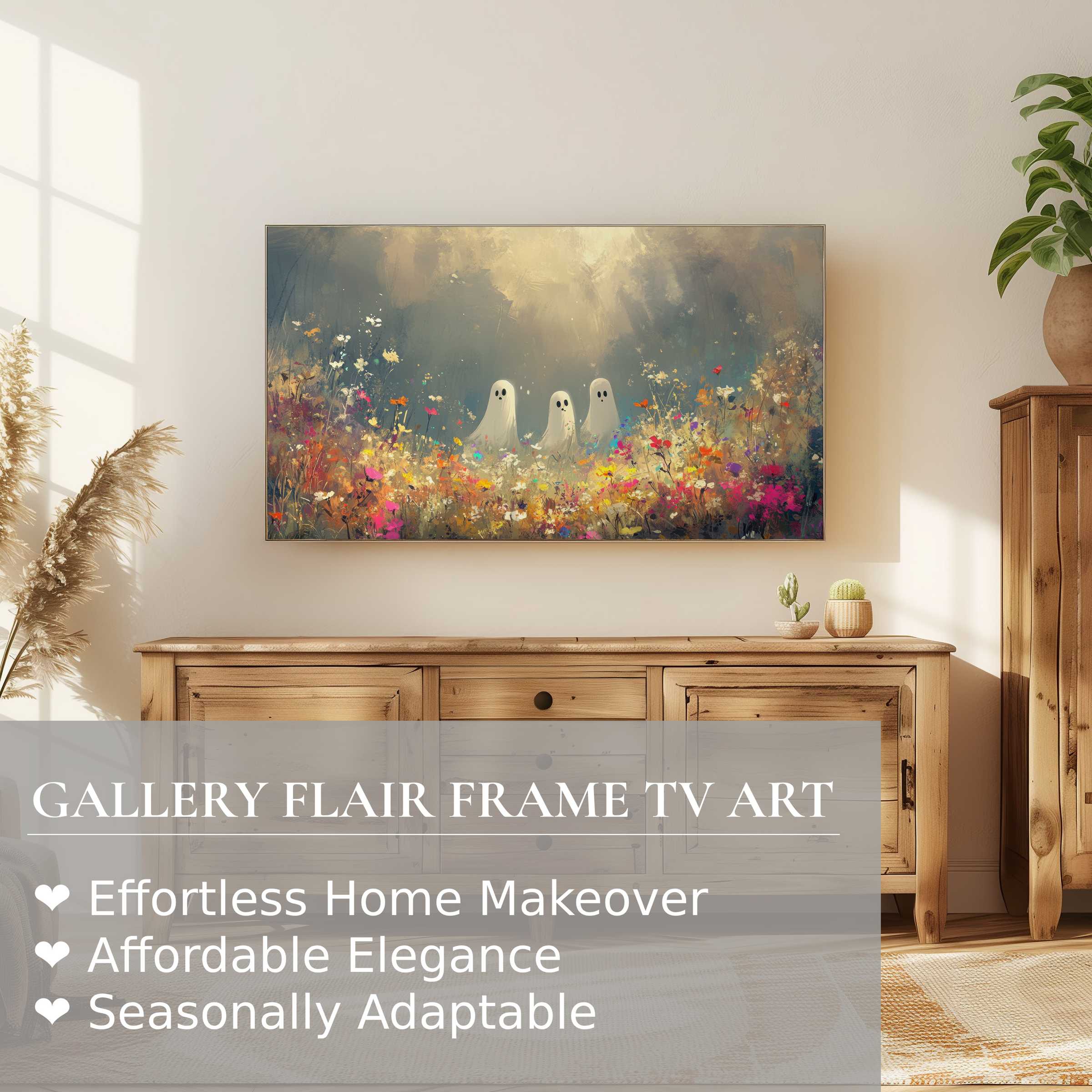 Samsung Frame TV displays whimsical halloween digital artwork with ghosts amid vibrant floral tones in a modern, serene interior