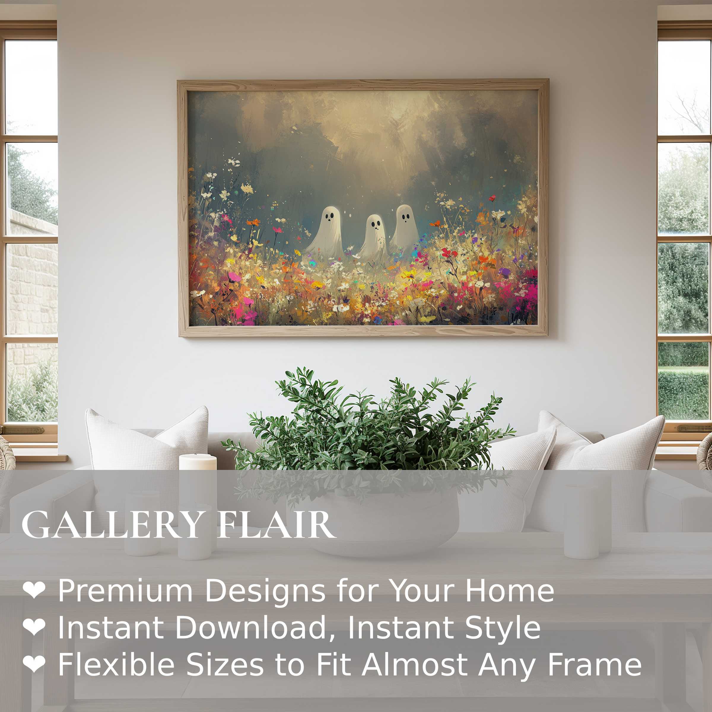 Halloween wall art print featuring whimsical ghost figures amid vibrant wildflowers, adding bold charm to modern minimalist interiors