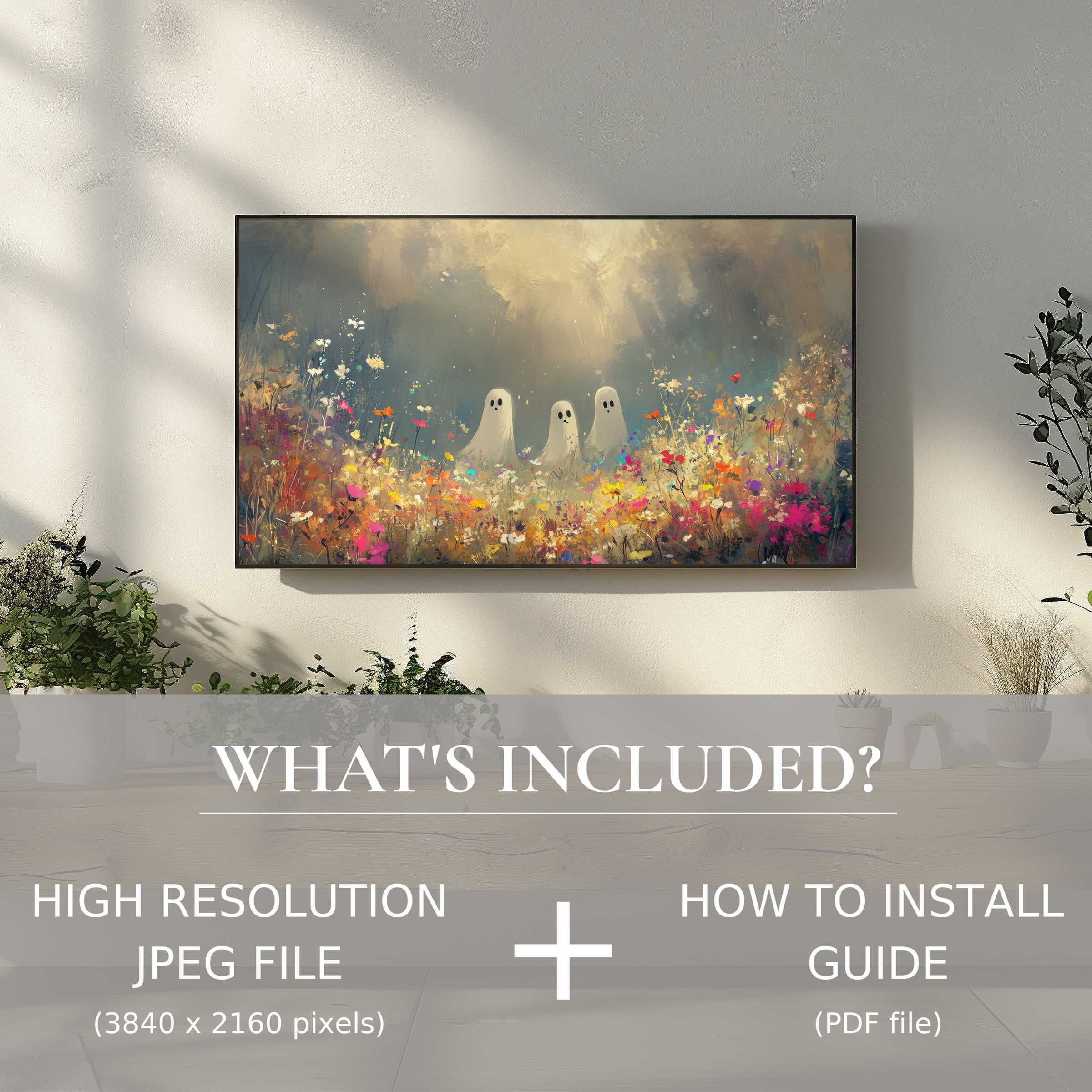 Elegant Halloween digital TV art download with easy use, enhancing modern living spaces with whimsical ghostly charm