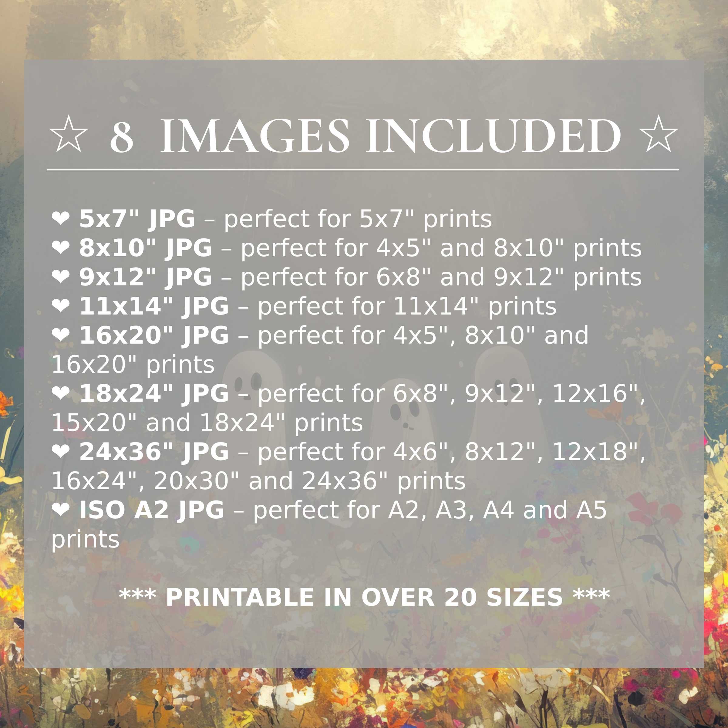 Halloween digital print exudes radiant autumnal golds and calming grays, enriching modern interiors with versatile style; 8 high-quality sizes included