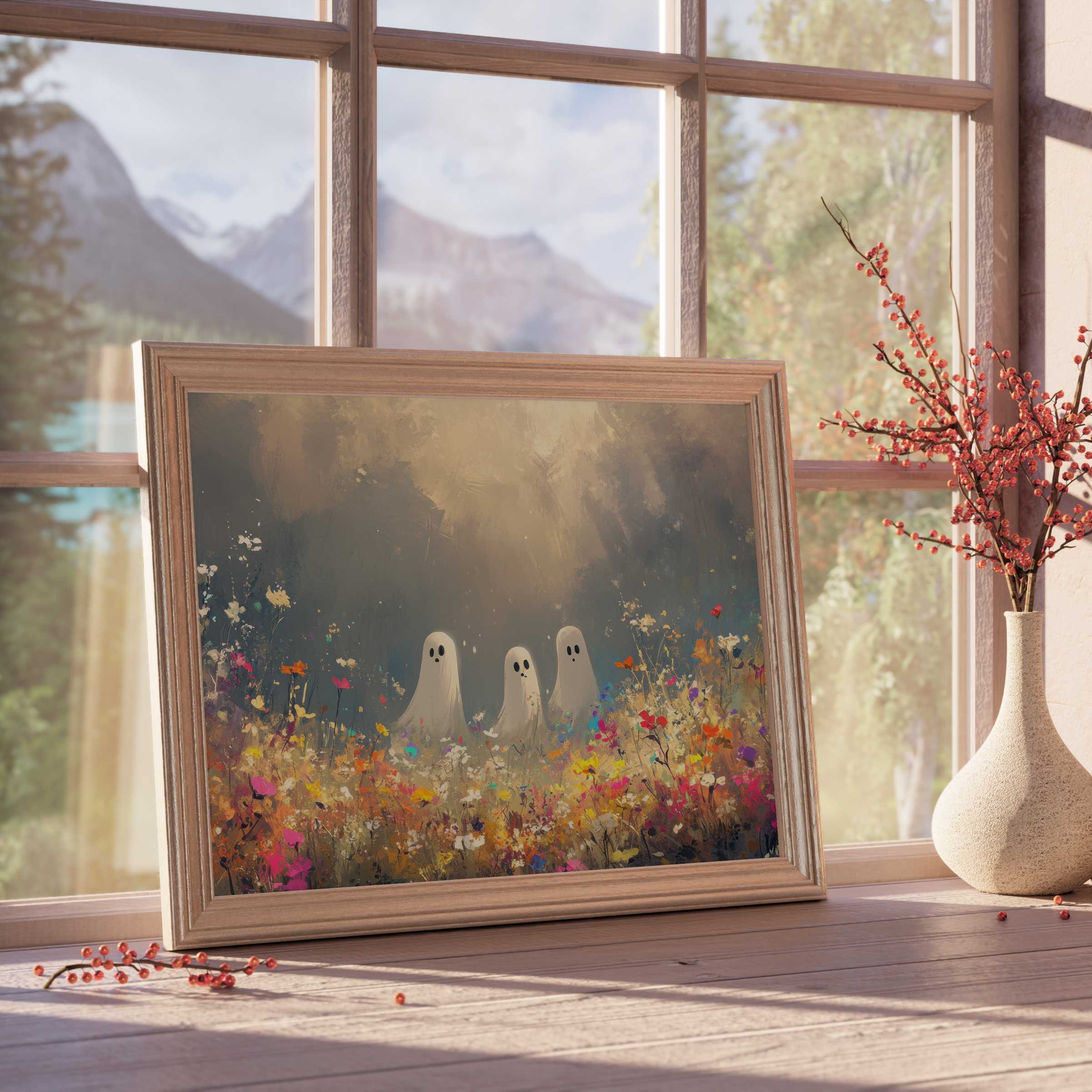 Halloween downloadable art capturing whimsical ghosts amidst vibrant wildflowers, infusing serene, curated spaces with playful seasonal charm