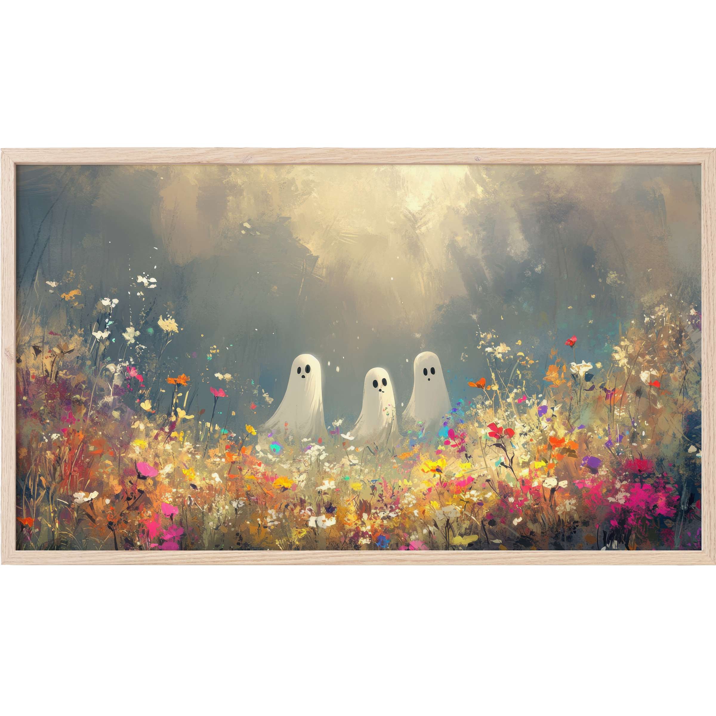 Ghostly trio amidst vibrant wildflowers in muted tones, an enchanting halloween Frame TV Art for modern decor