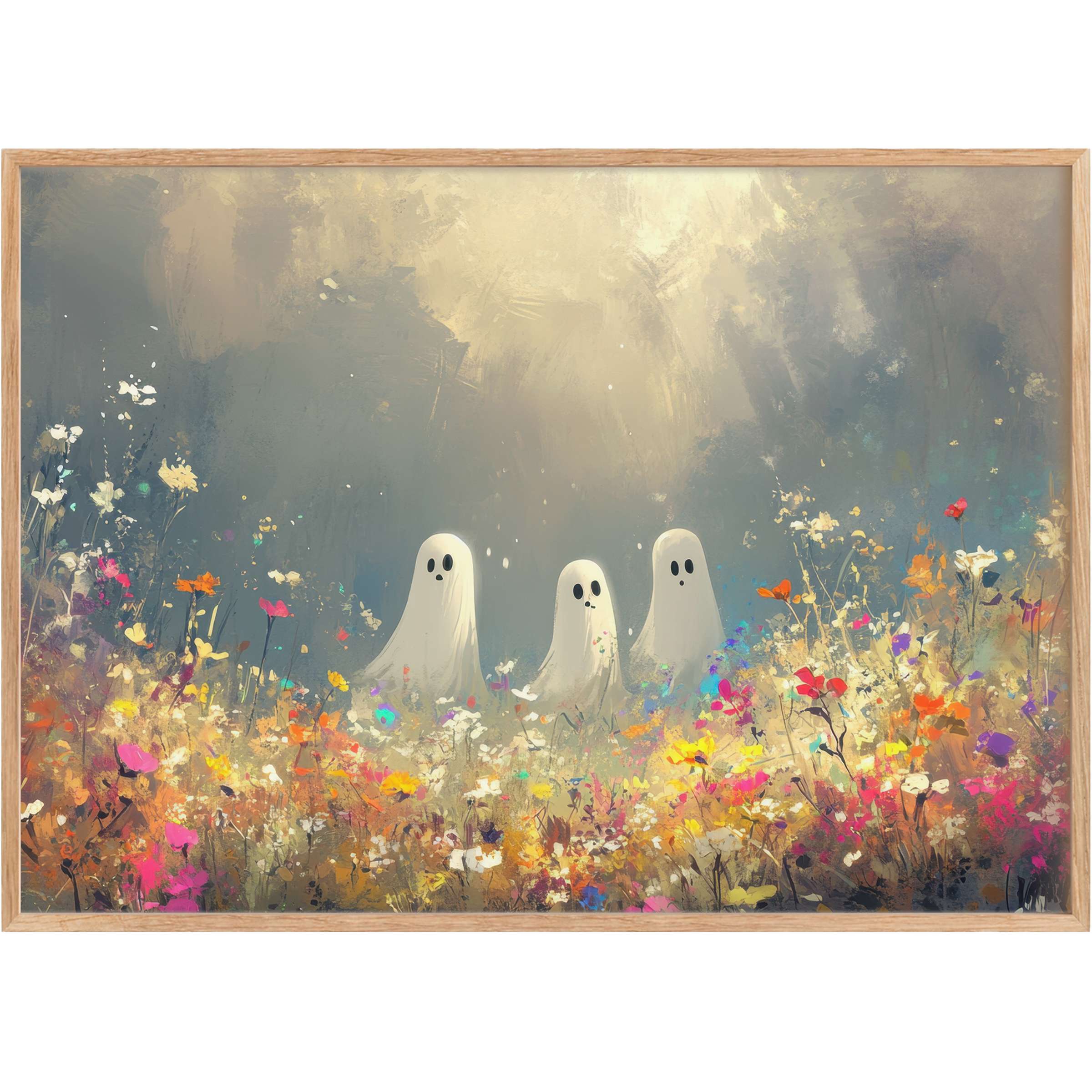 Whimsical Halloween printable wall art radiates warmth with soft grays and vibrant florals, blending ghostly charm and joyful elegance