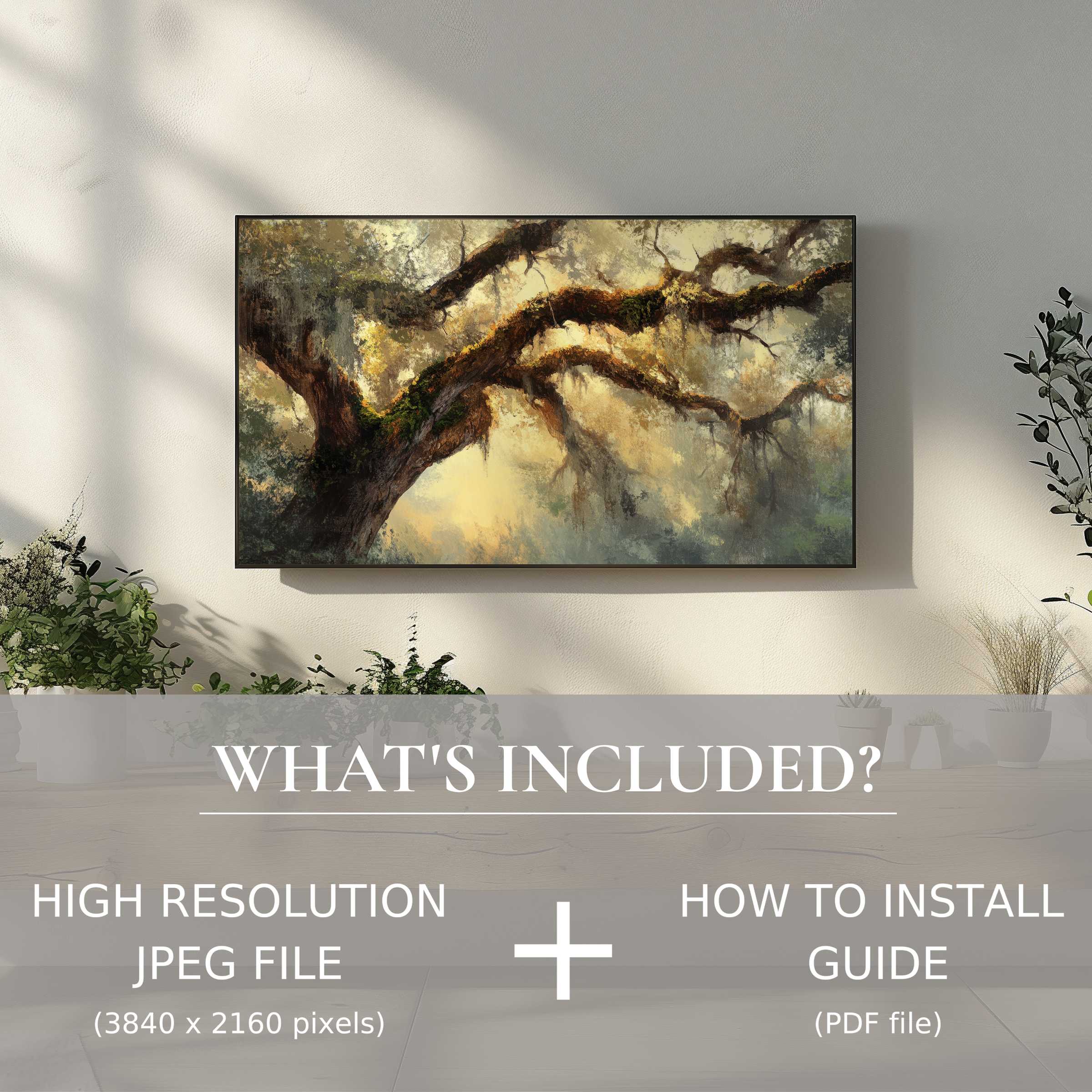Elegant tree digital TV art download in serene living room, elevating style with easy digital use and warm ambiance