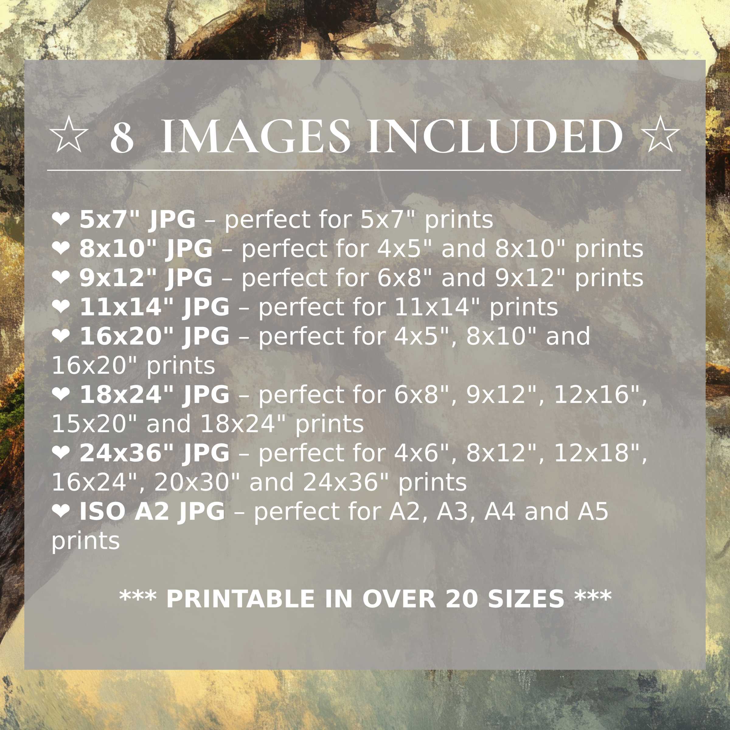 Print size guide showing 8 included JPG formats for versatile wall art printing – perfect for framing in popular sizes from 5x7 to 24x36 and A2