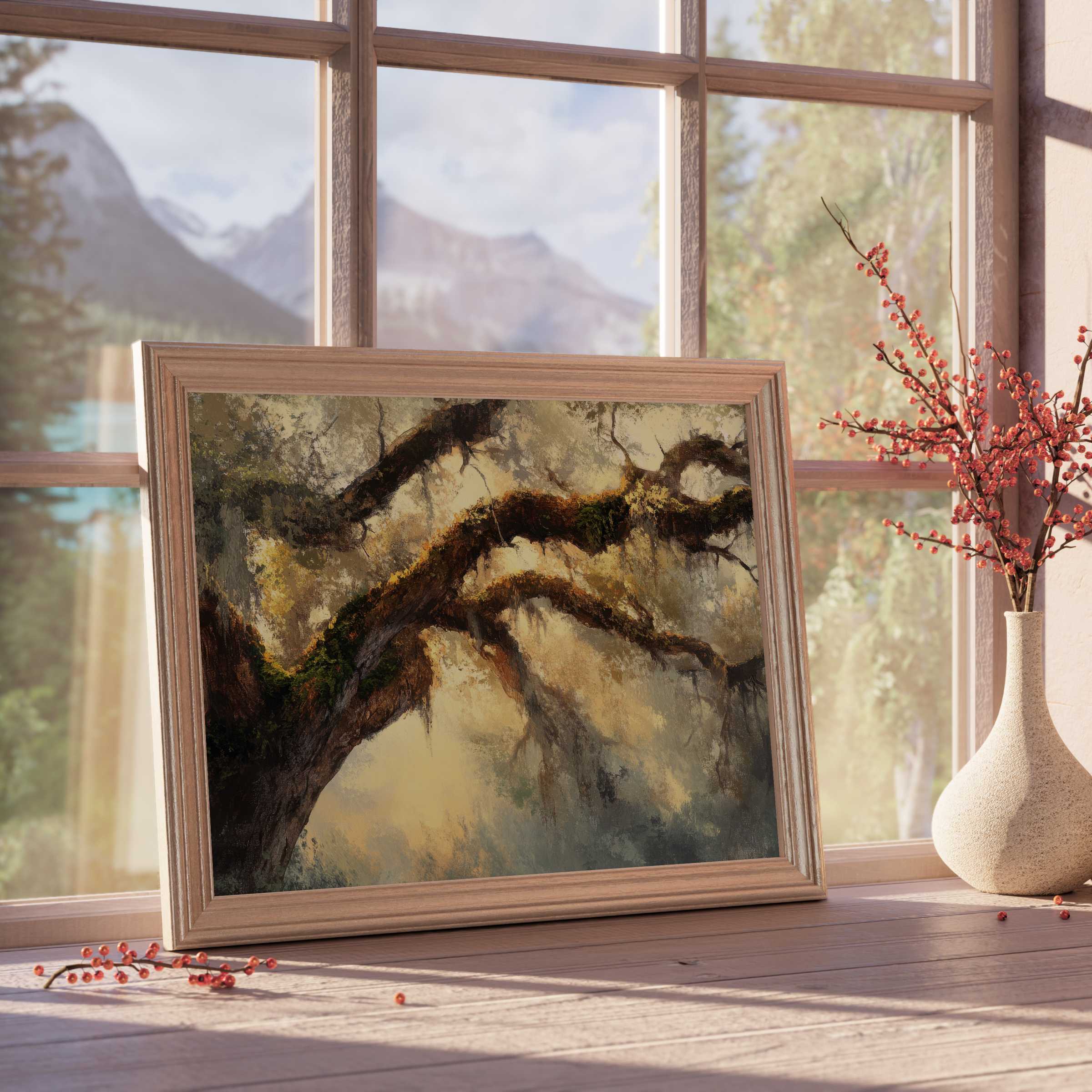 Moss-draped tree downloadable art exudes tranquil warmth, perfect for curated, nature-inspired luxury interiors