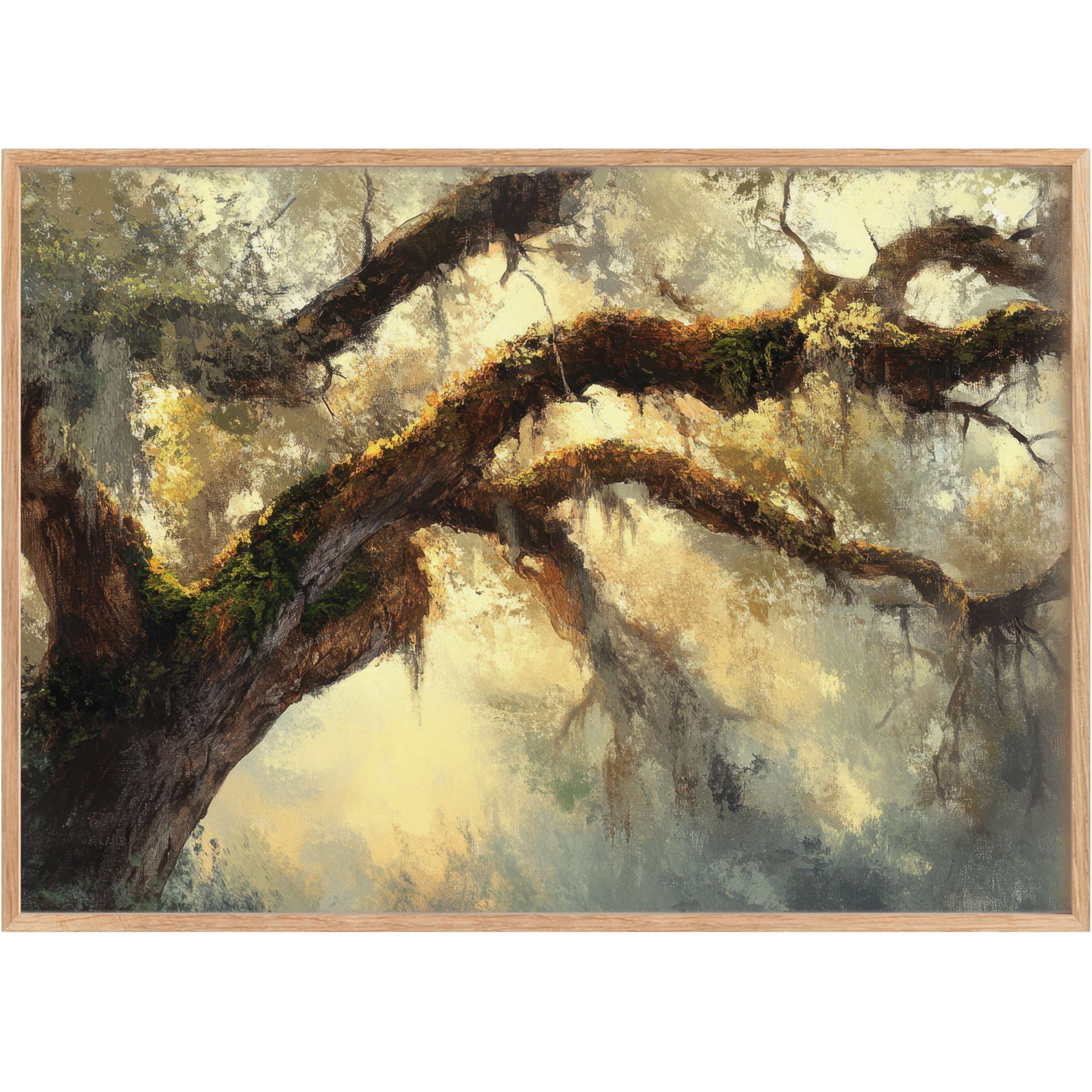 Majestic tree printable wall art radiates serene golden hues and rich moss greens, evoking timeless elegance and calm