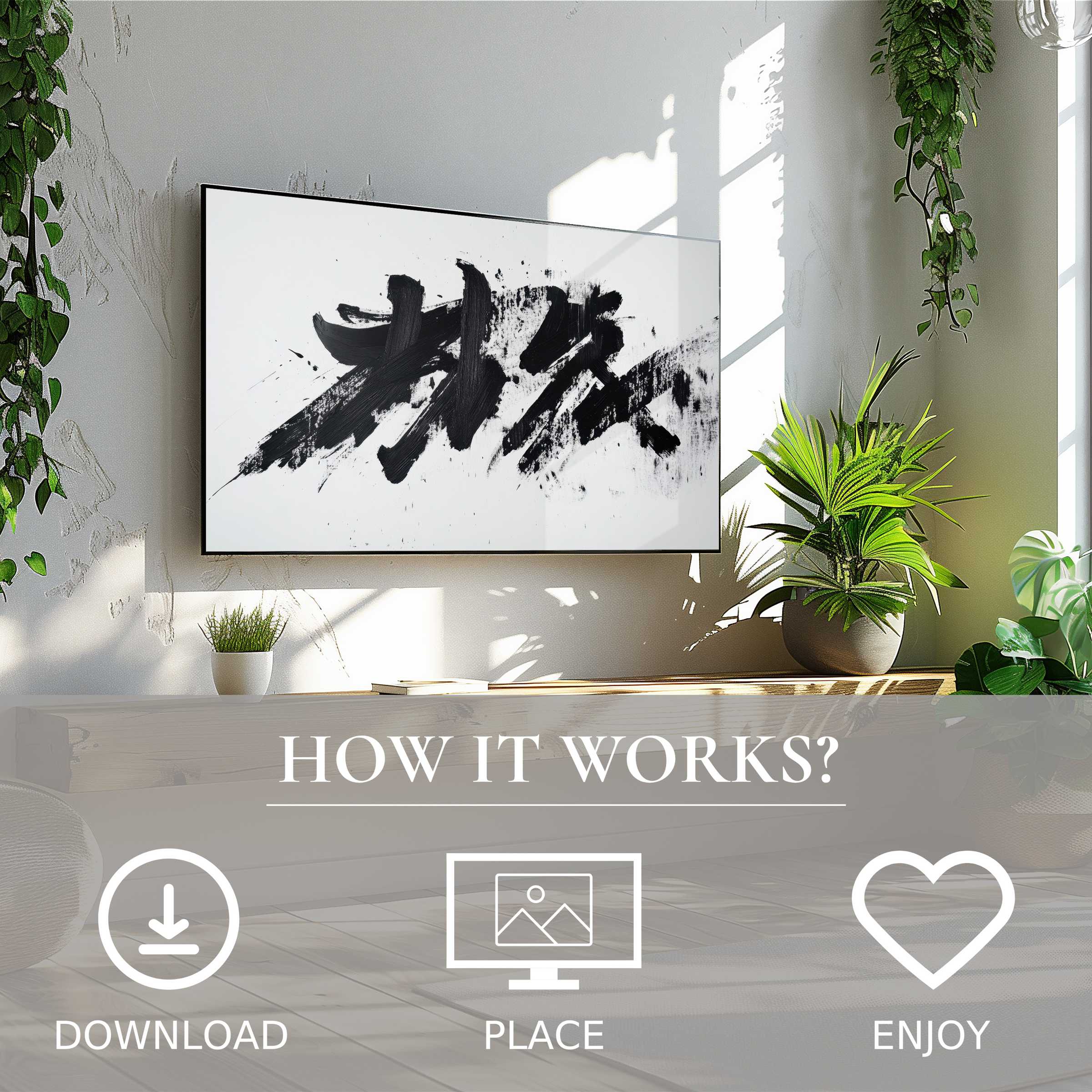 Modern living room with black and white art for Samsung TV; abstract brush strokes enrich space, easy digital download