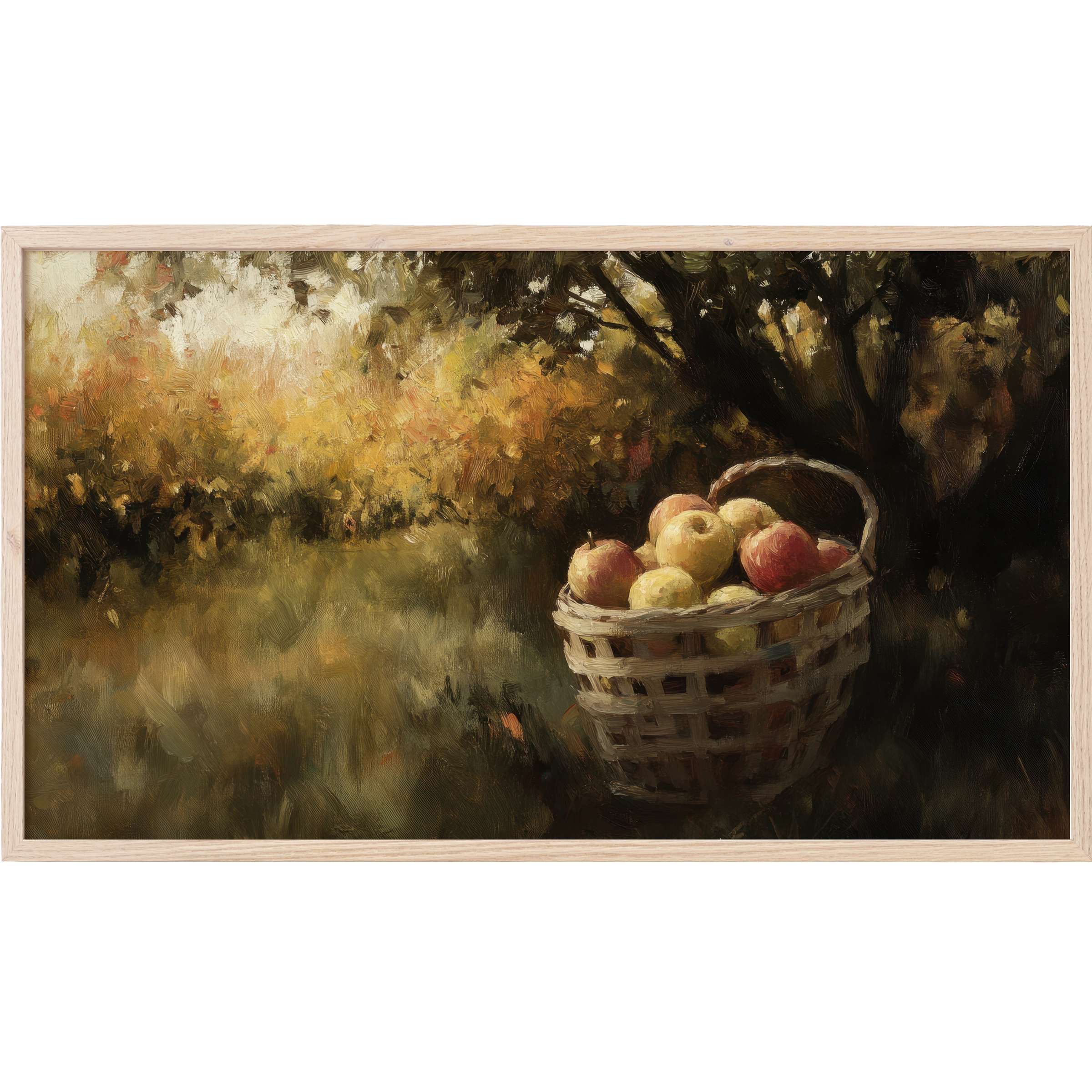 Fall Frame TV Art with warm autumn hues, textured brushstrokes, and a rustic basket of apples in a serene landscape