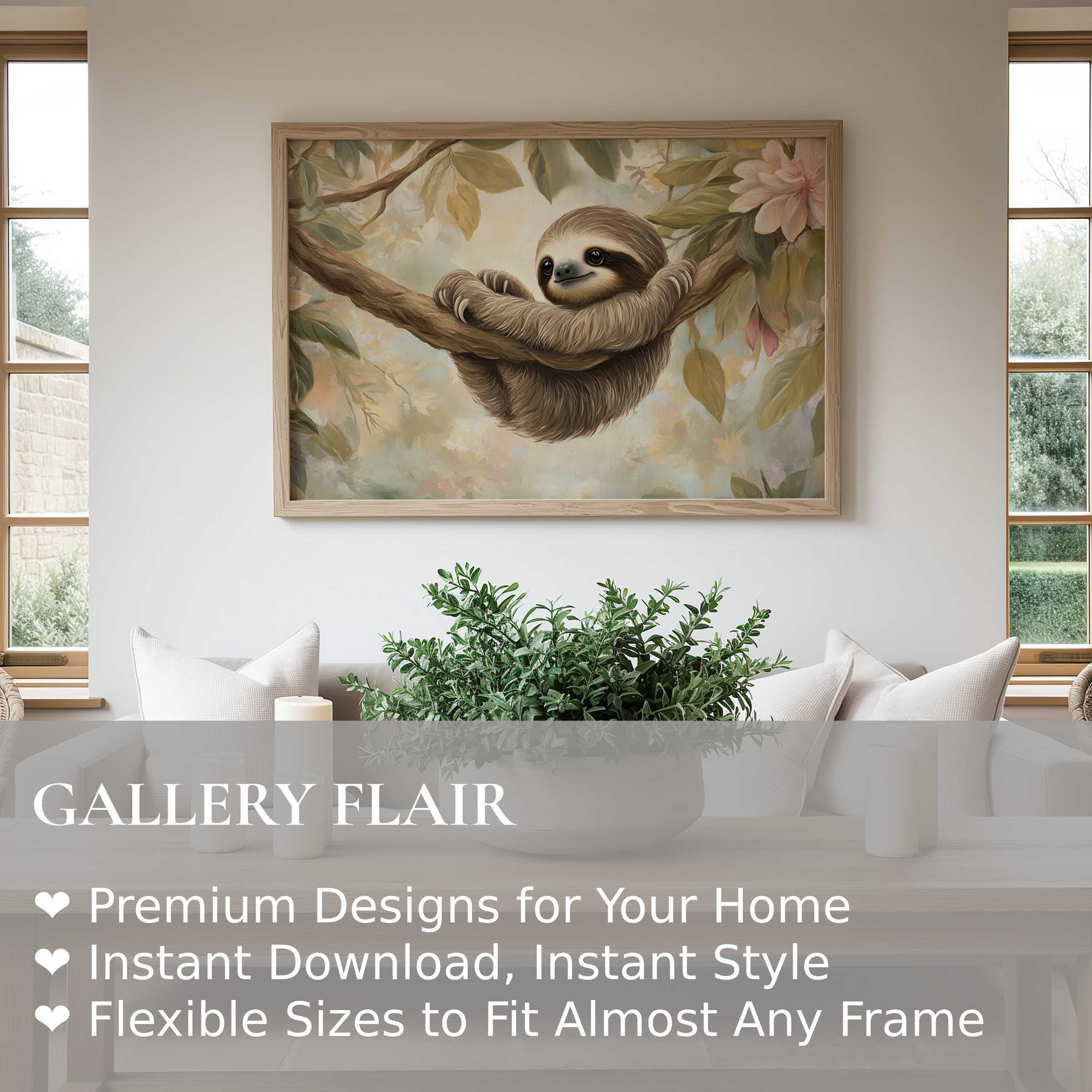 Nursery wall art print featuring a soft, charming sloth in calming pastel tones, enhancing serene, modern minimalist interiors