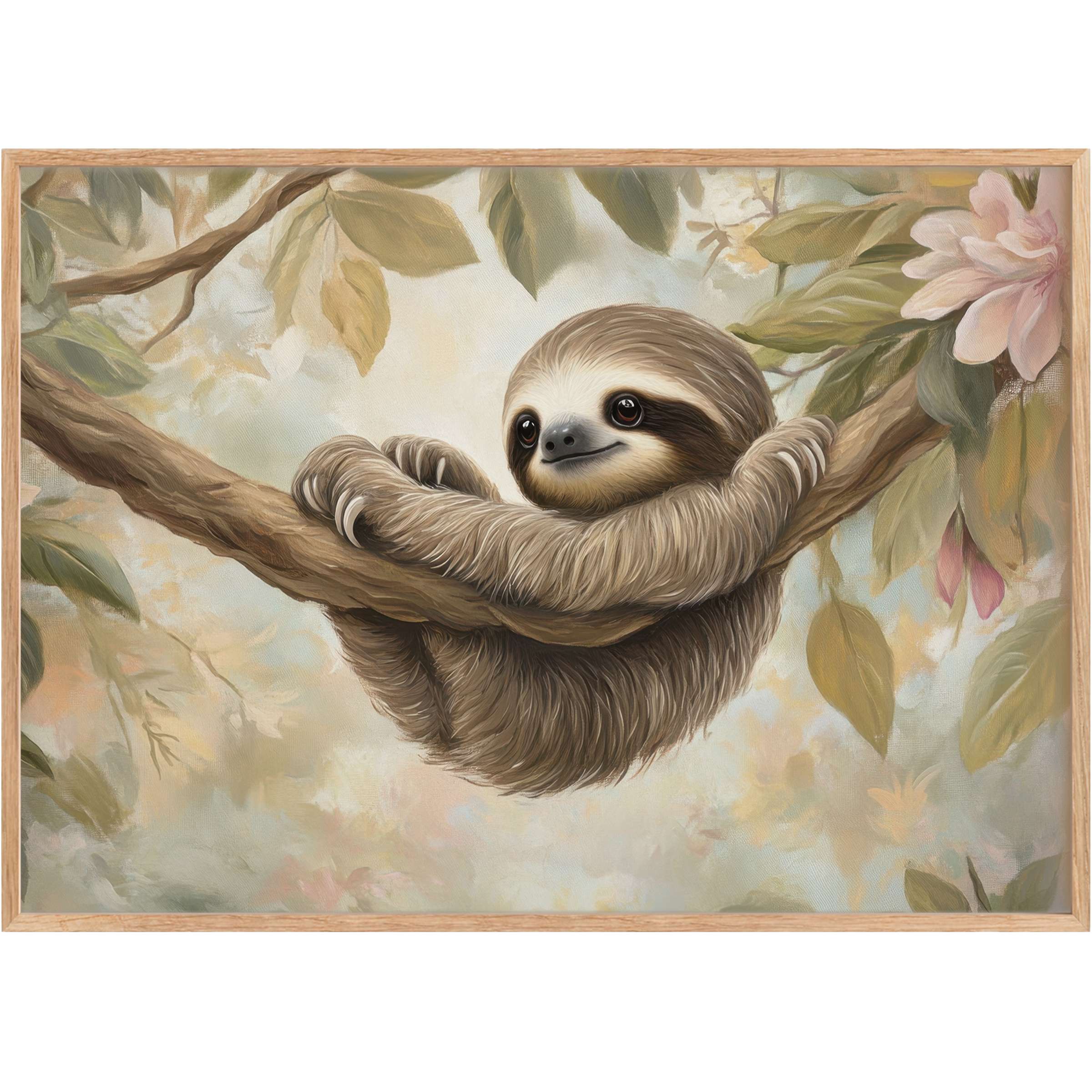 Whimsical nursery printable wall art featuring a gentle sloth cradled in soft greens and warm neutrals, evoking serene, tender moments