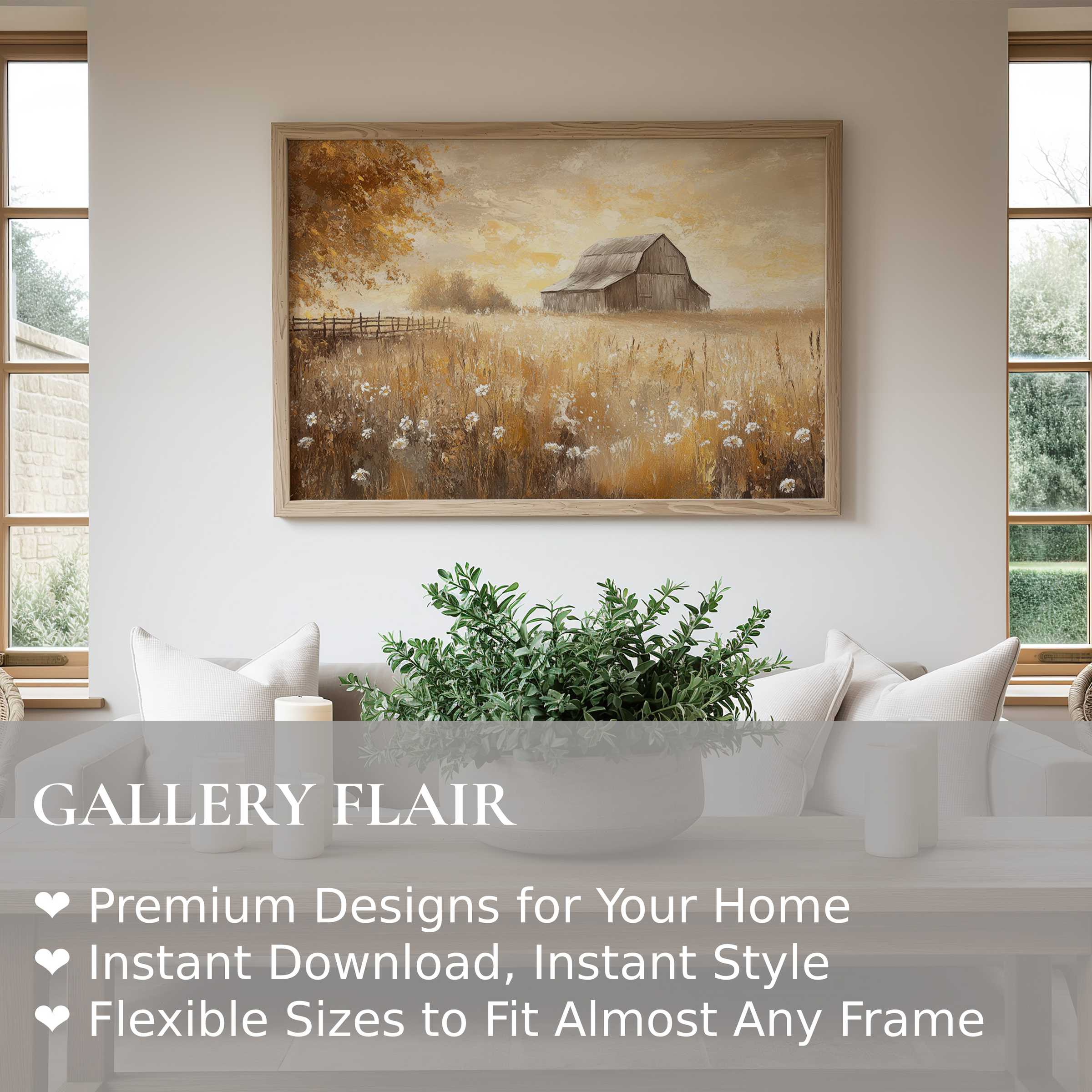 Farmhouse wall art print evoking serene rustic charm with warm earth tones, enhancing modern cozy living spaces