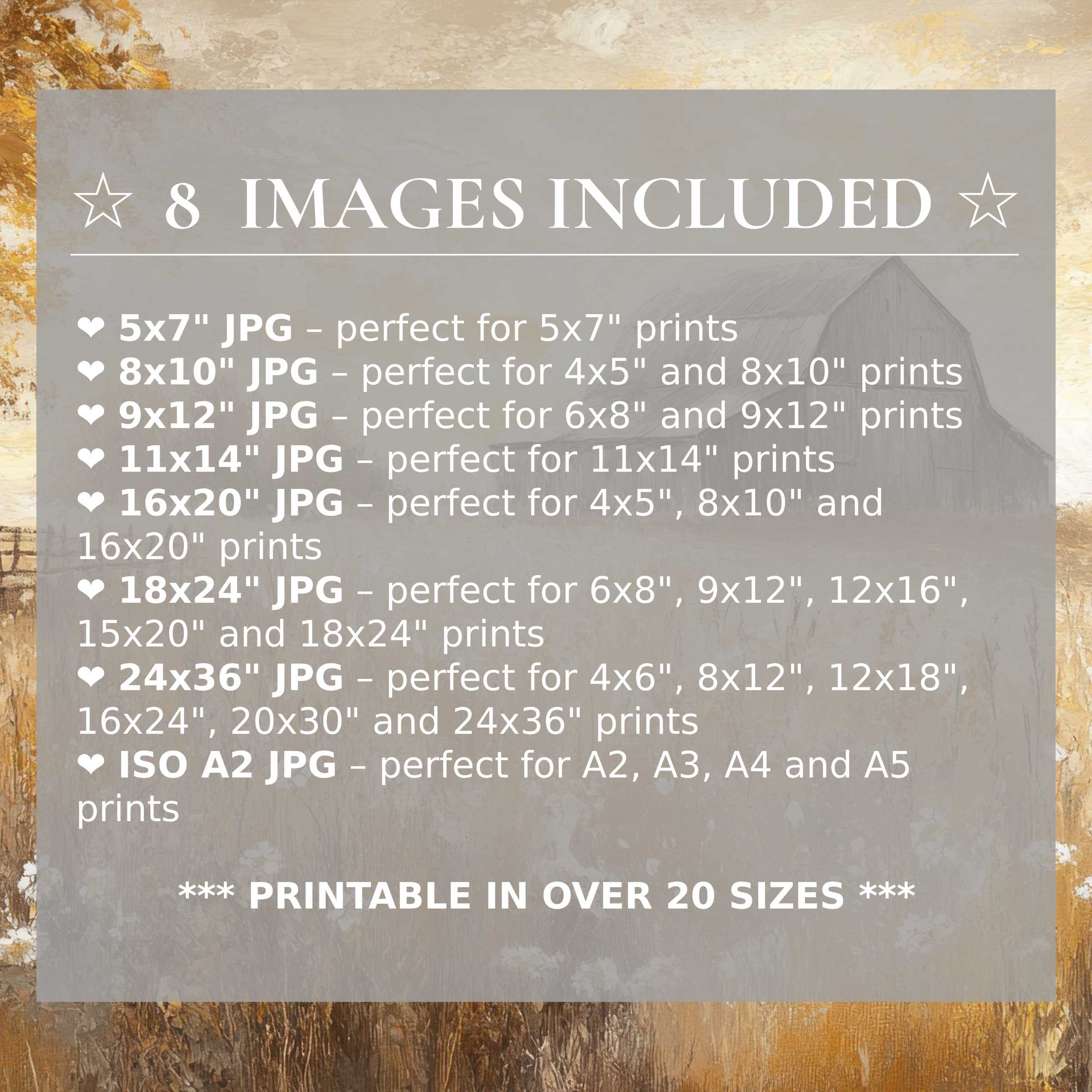 Farmhouse digital print in warm golds and soft neutrals, bringing radiant calm and elegant versatility in 8 sizes