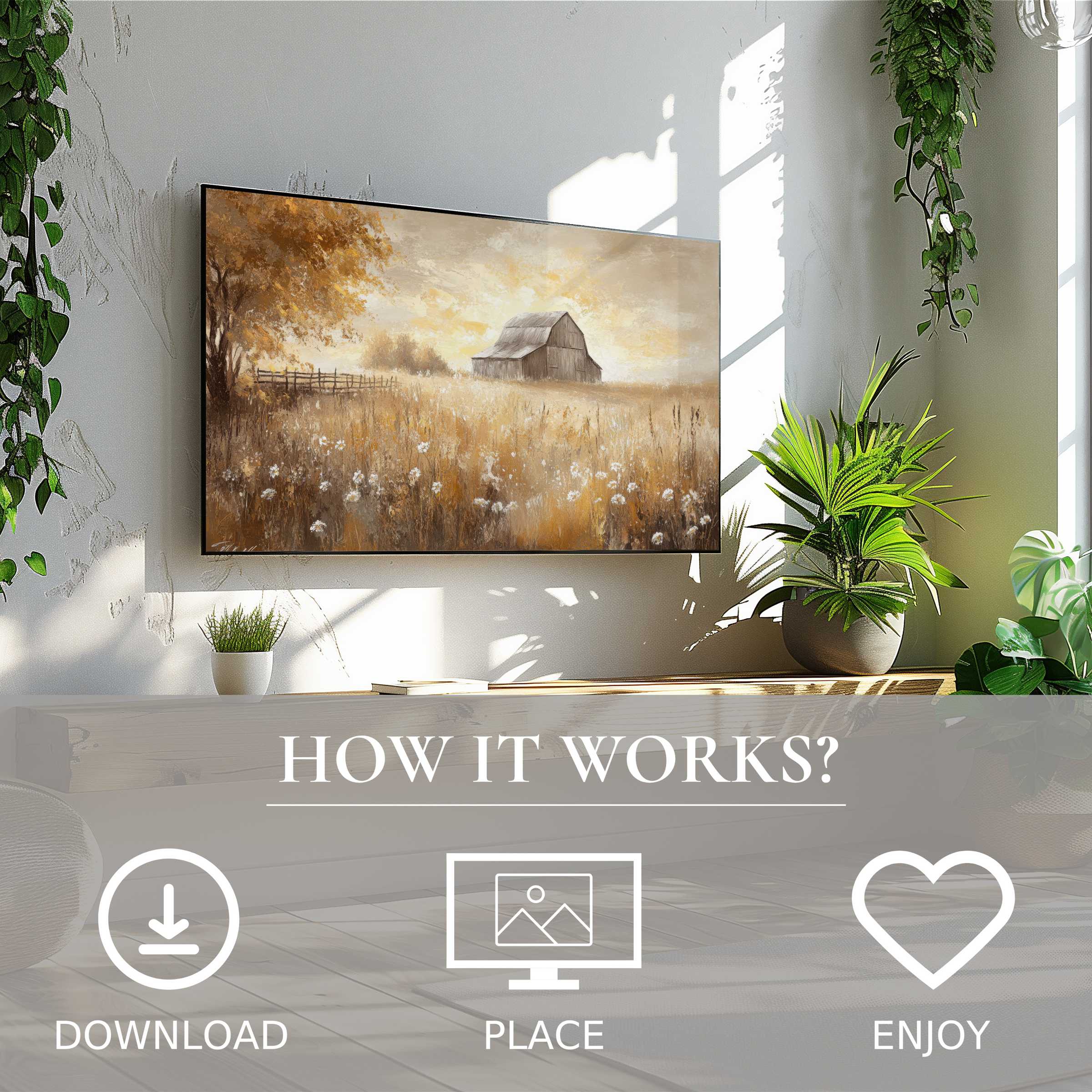 Modern living room with farmhouse art for Samsung TV; digital download features soft sunset tones enriching space