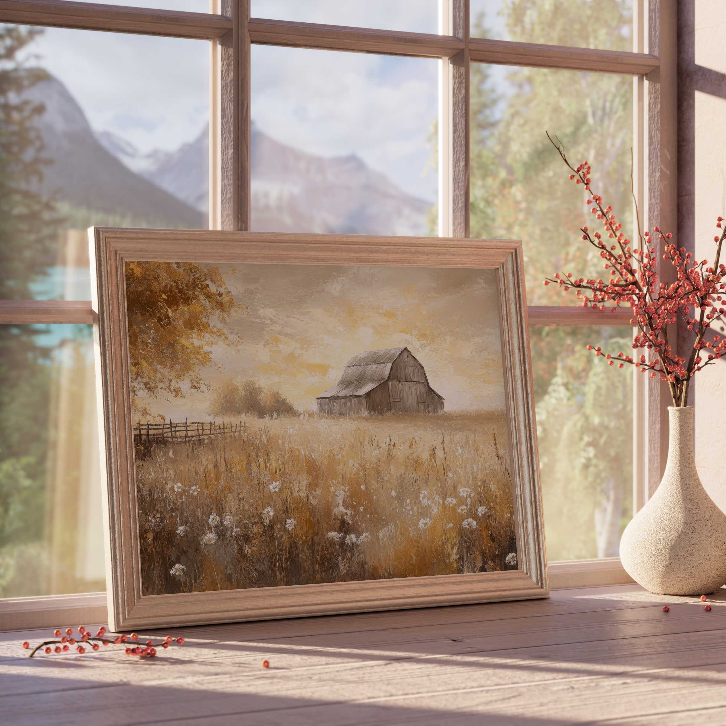 Farmhouse downloadable art featuring a serene rustic barn in golden fields, enhancing tranquil, curated interiors with warm, vintage charm