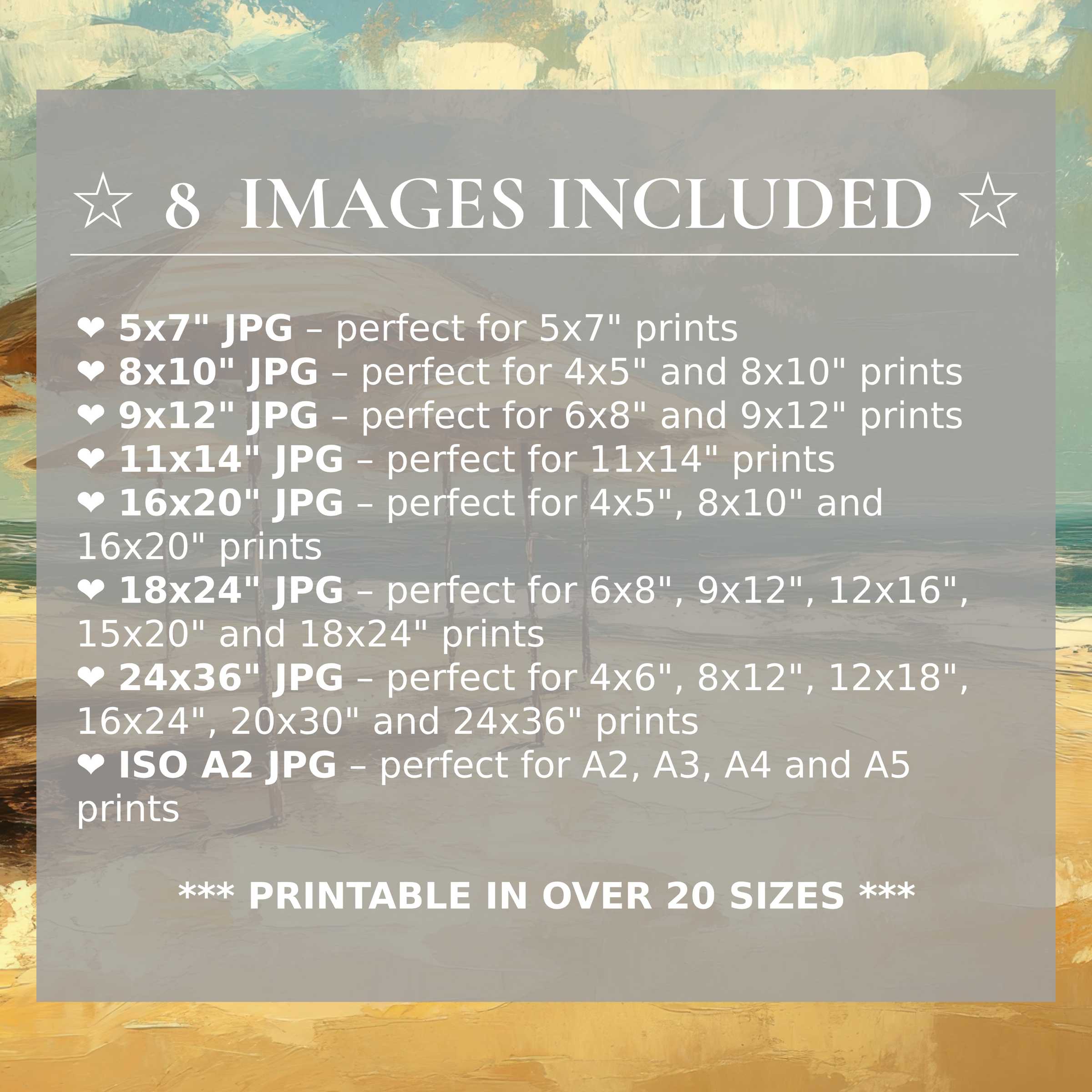 Radiant beach digital print in serene blues and warm golds, elevating modern interiors with 8 high-res sizes included