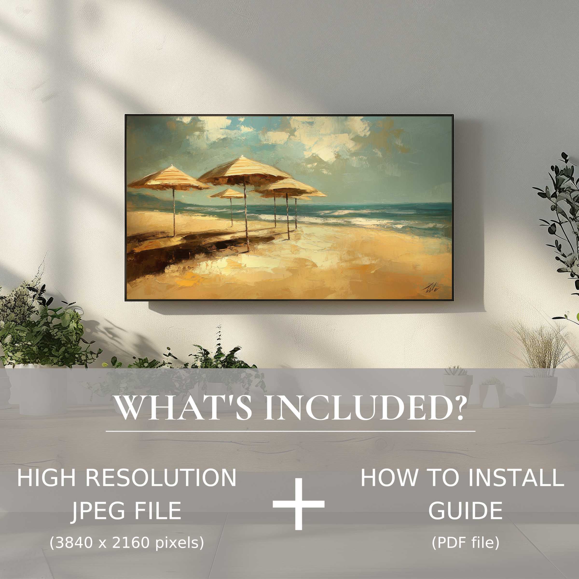Elegant beach digital TV art download, effortless digital use enhances modern living spaces with serene coastal charm