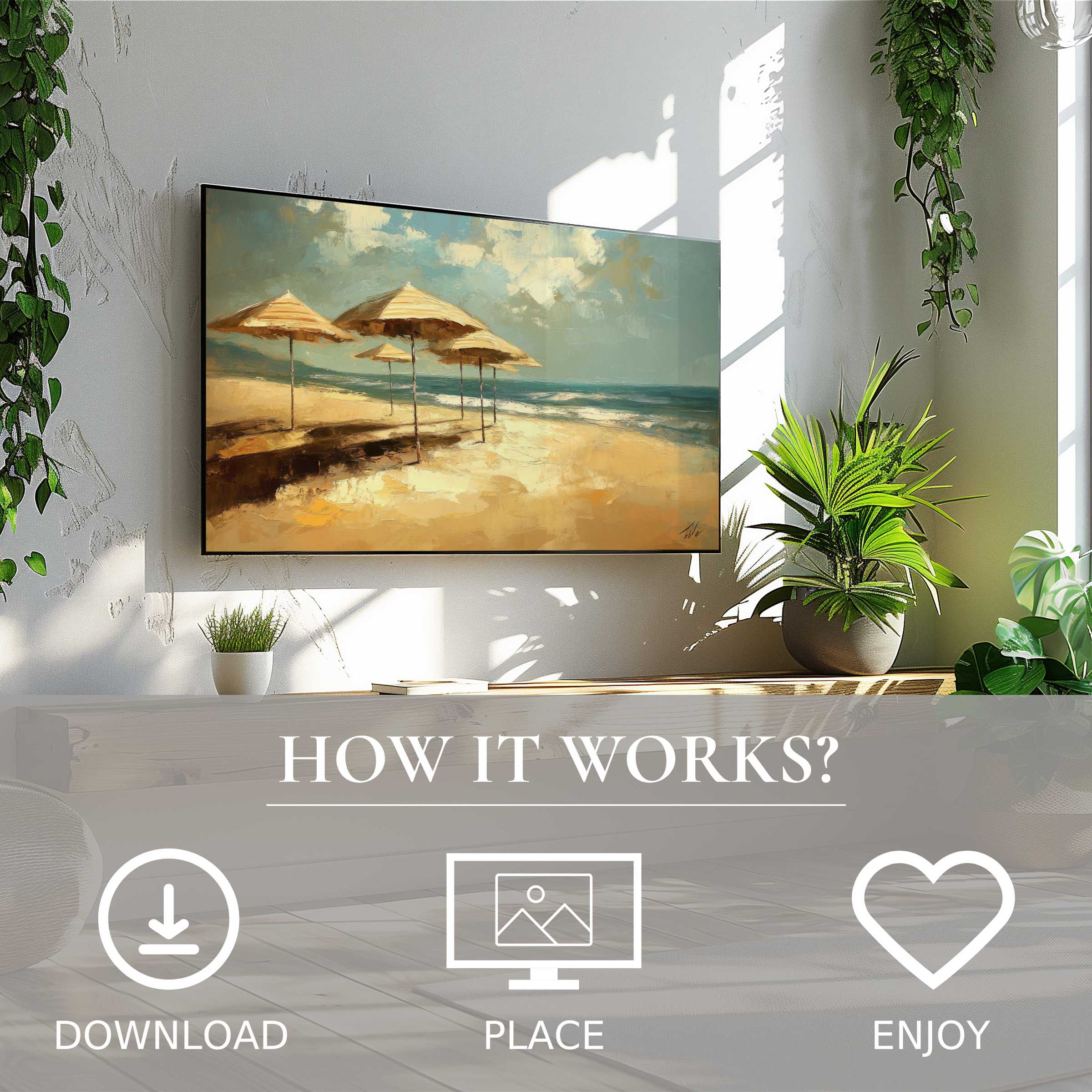 Bright living room with beach art for Samsung TV, soft sunset tones, easy digital download, enhances any modern space