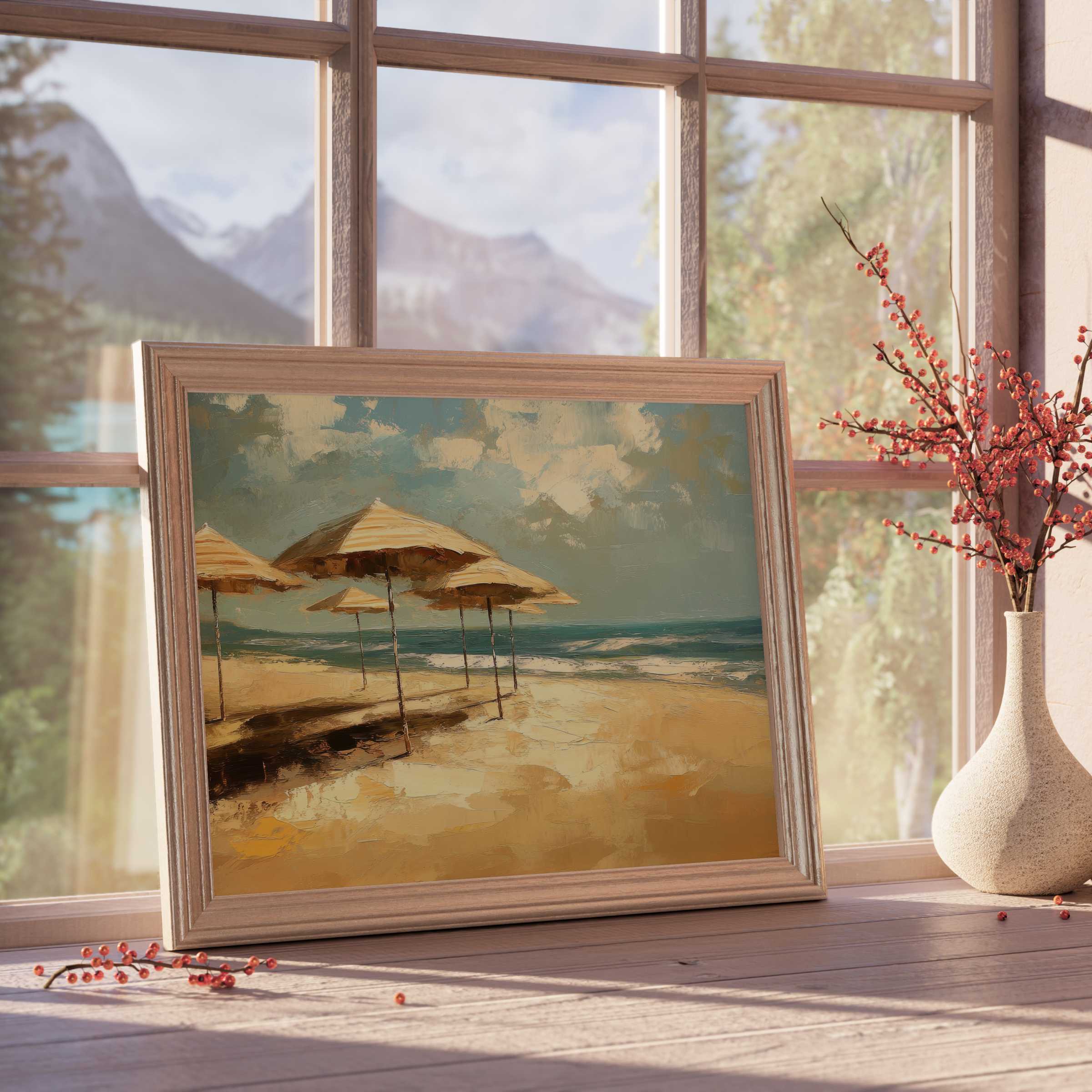 Serene beach downloadable art featuring sunlit umbrellas and gentle waves, elevating tranquil, design-forward interiors with warm coastal elegance