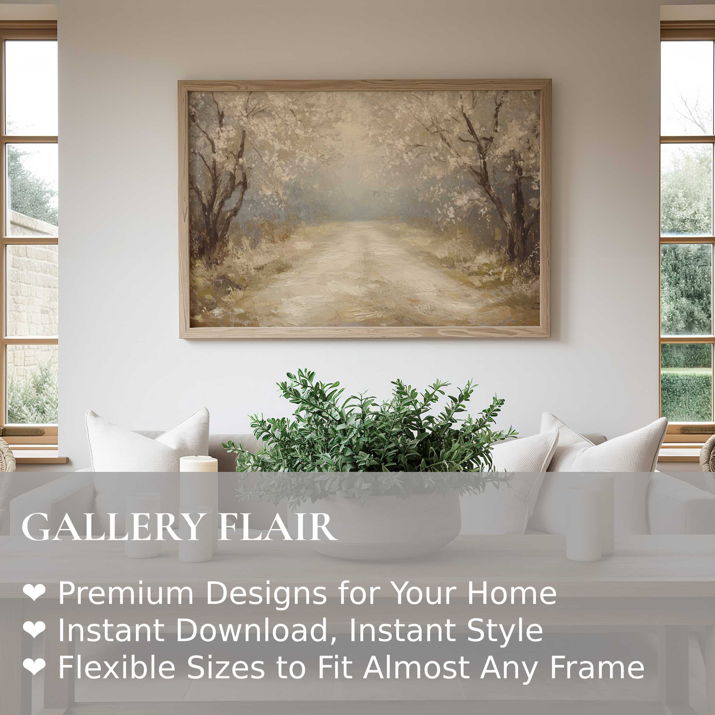 Serene spring wall art print featuring soft blooming trees and a misty pathway, enhancing minimalist, modern living spaces with calm elegance