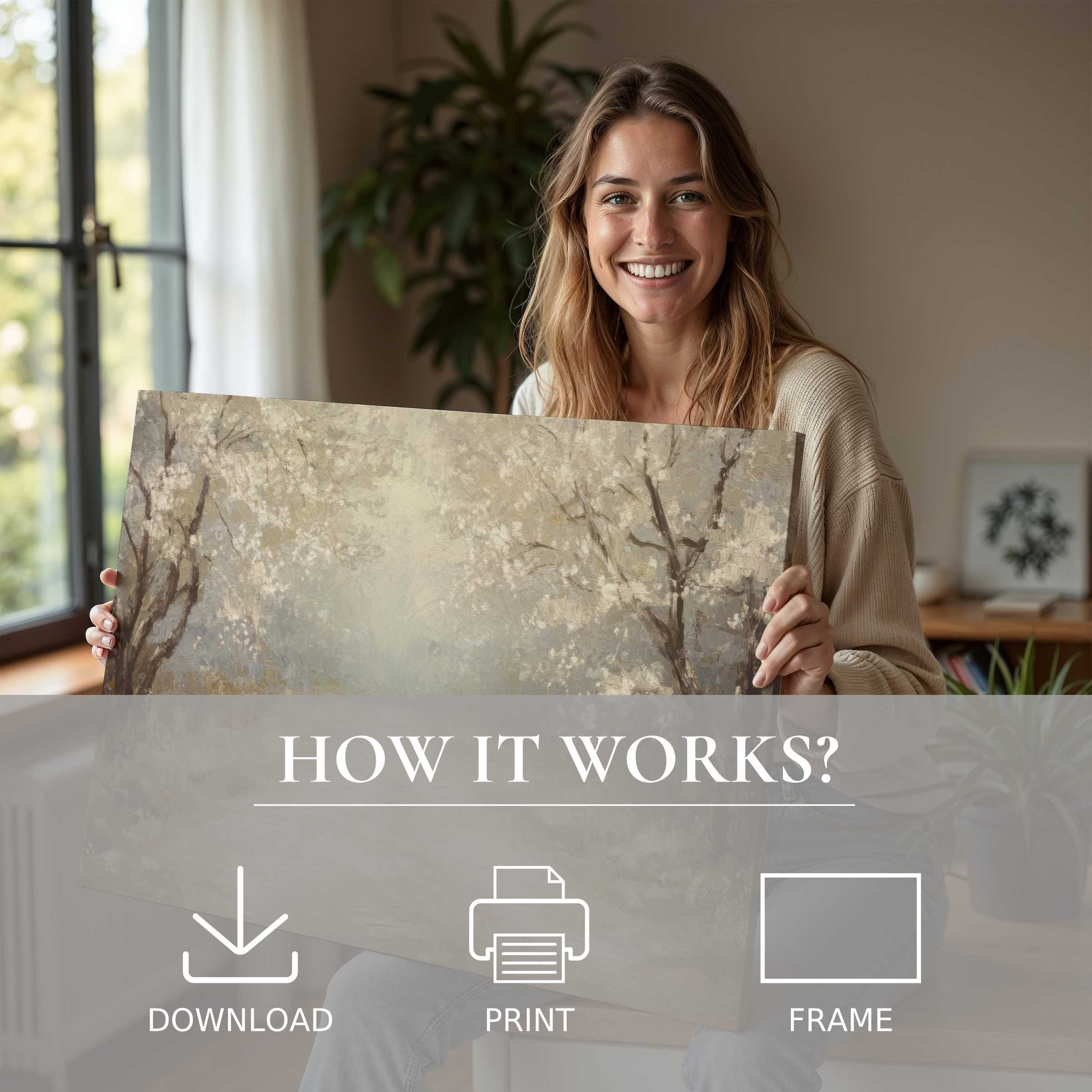 Refined woman in a modern home embraces a serene spring digital art print, embodying joy and effortless elegance in living with art